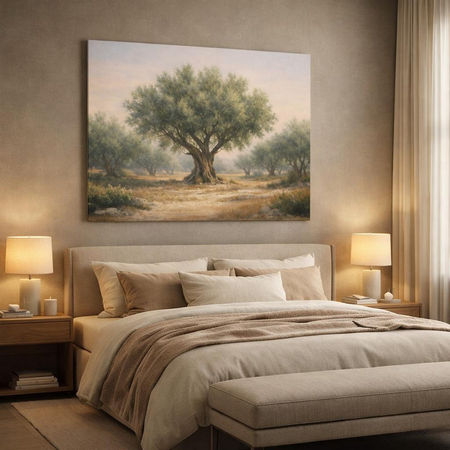 Contemporary Olive Grove shown as canvas wall art in a luxury bedroom