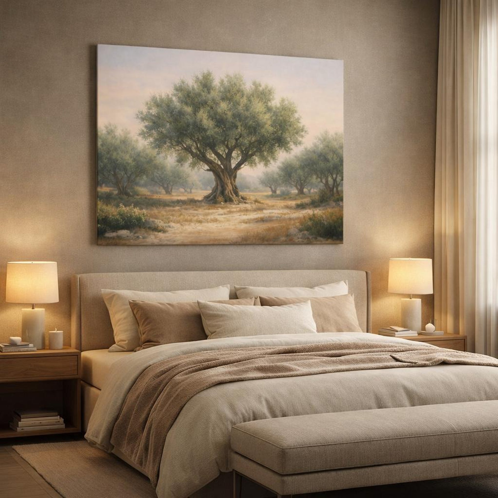 Contemporary Olive Grove shown as canvas wall art in a luxury bedroom