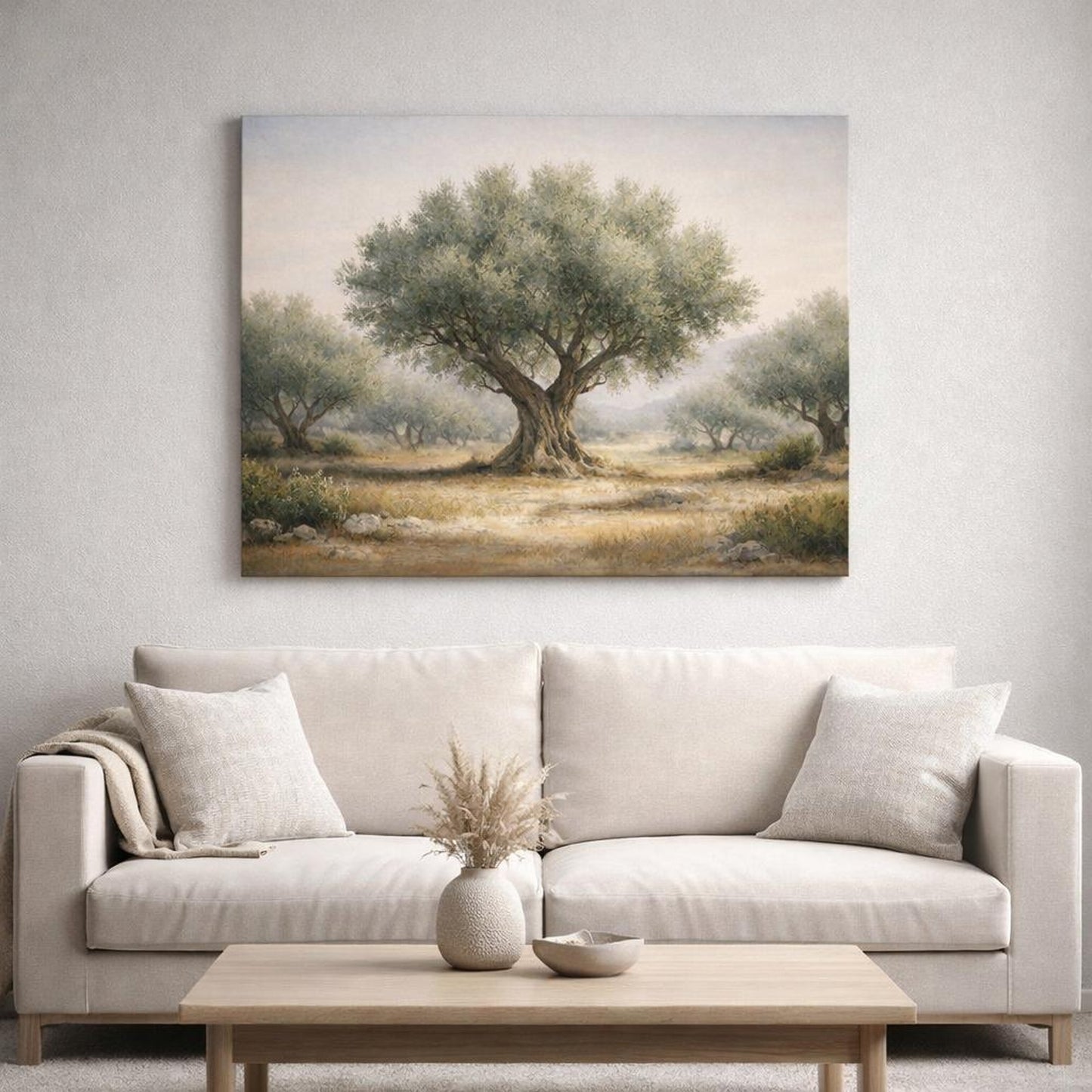 Contemporary Olive Grove shown as canvas wall art in a refined dining room