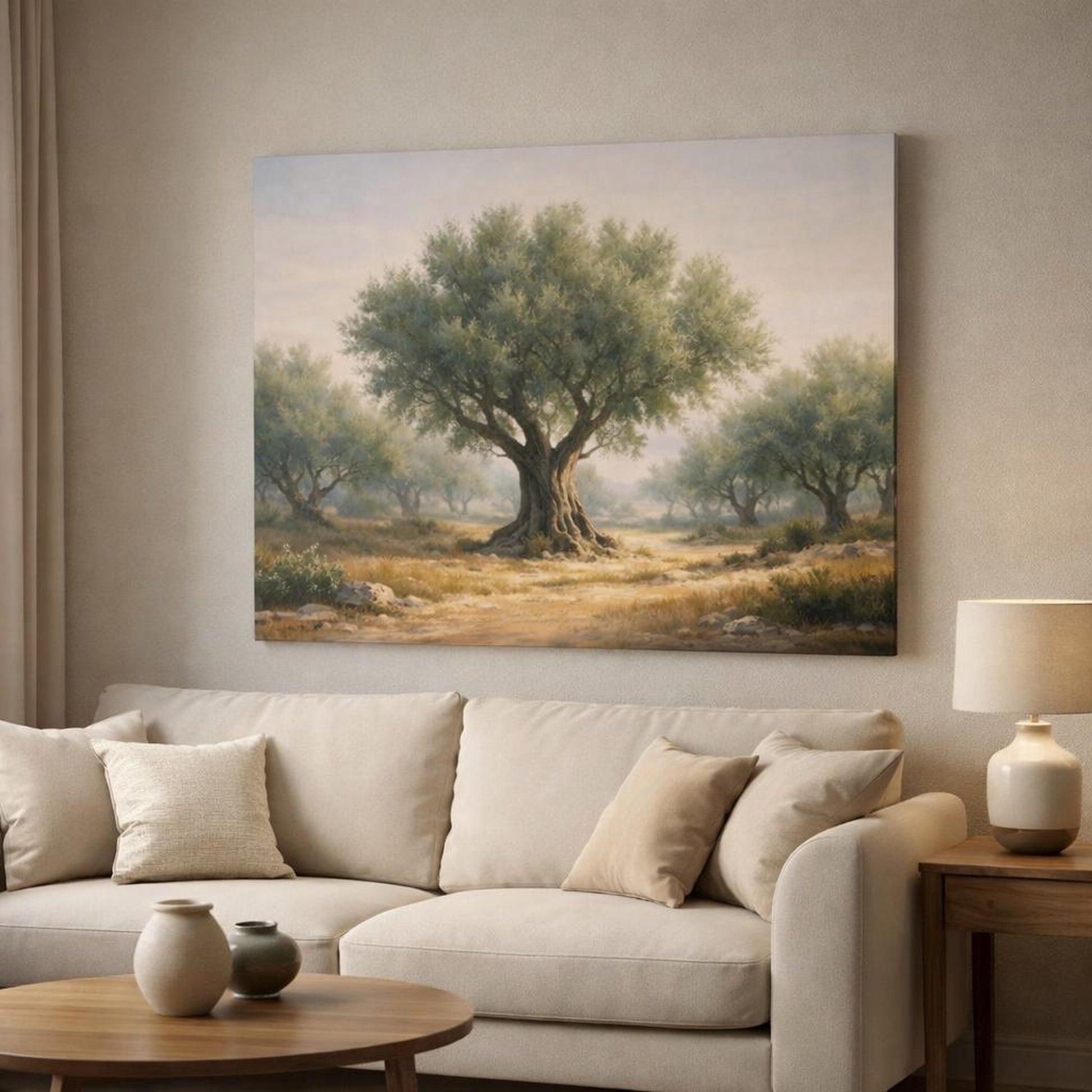 Contemporary Olive Grove shown as canvas wall art in a modern living room