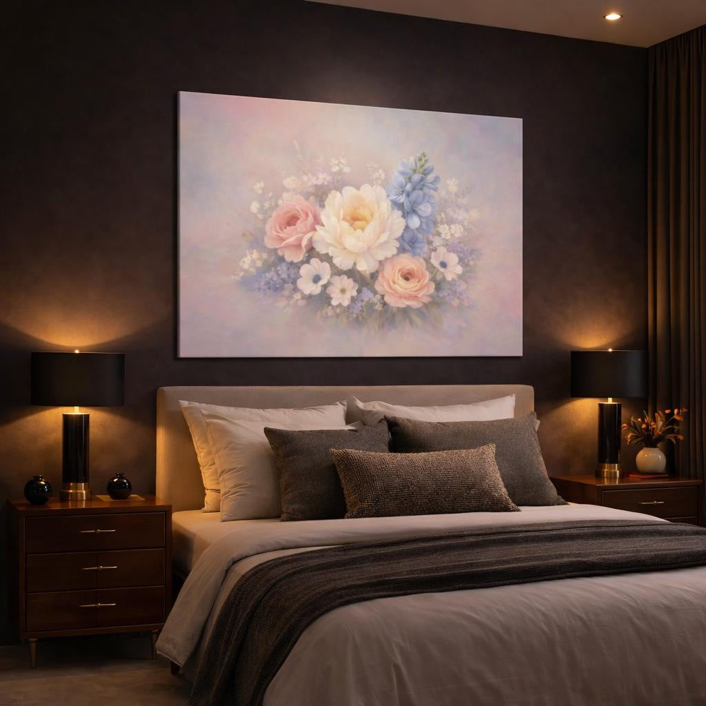 Contemporary Pastel Flowers shown as canvas wall art in a luxury bedroom