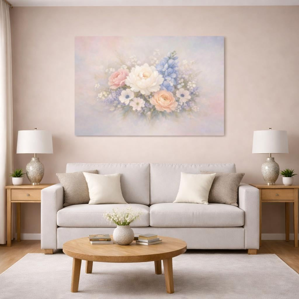 Contemporary Pastel Flowers shown as canvas wall art in a modern living room