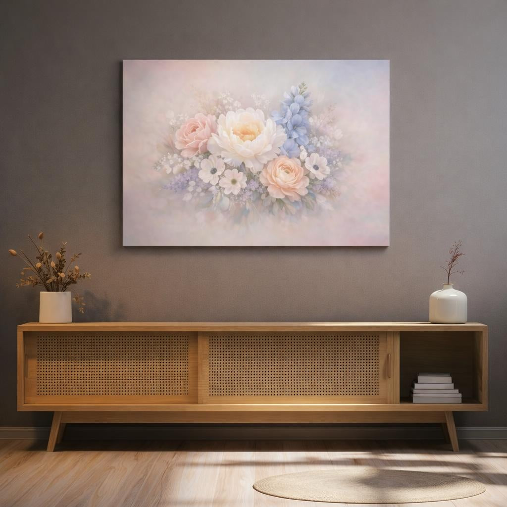 Contemporary Pastel Flowers shown as canvas wall art in a refined dining room