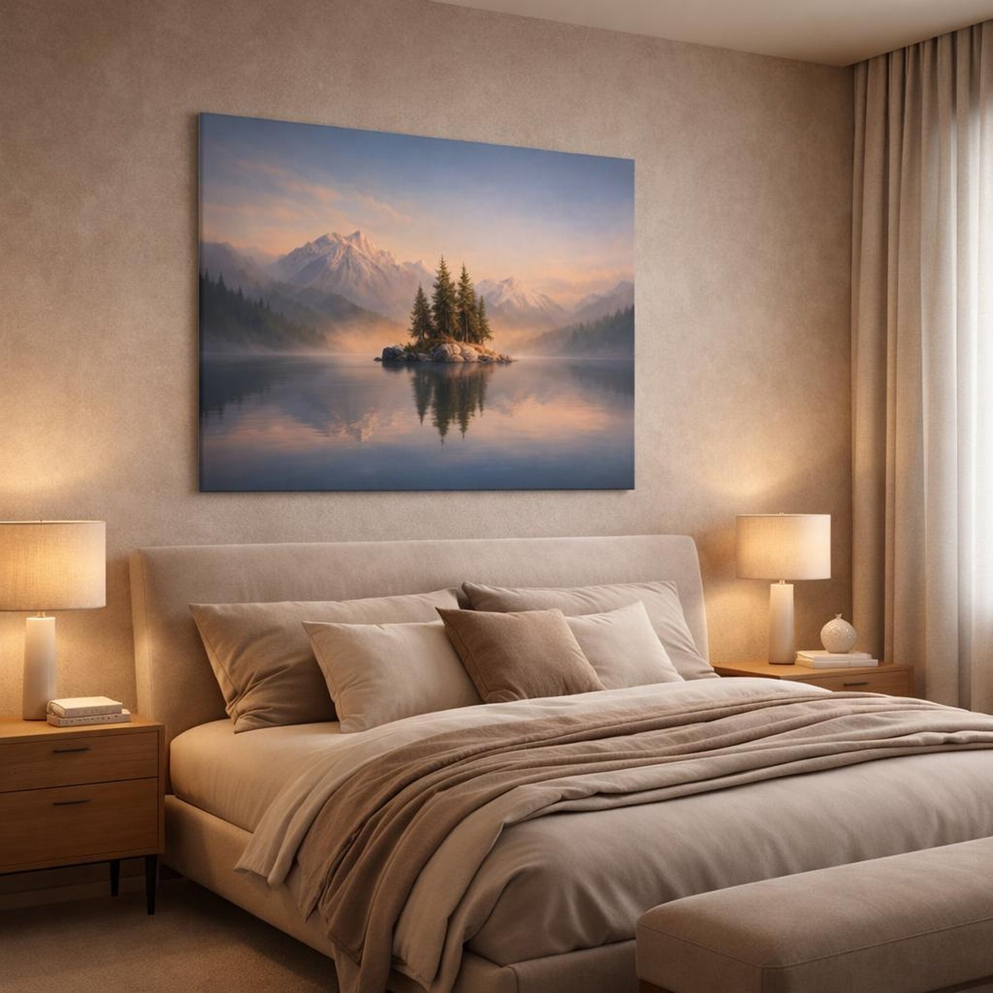 Contemporary Peaceful Lake shown as canvas wall art in a luxury bedroom