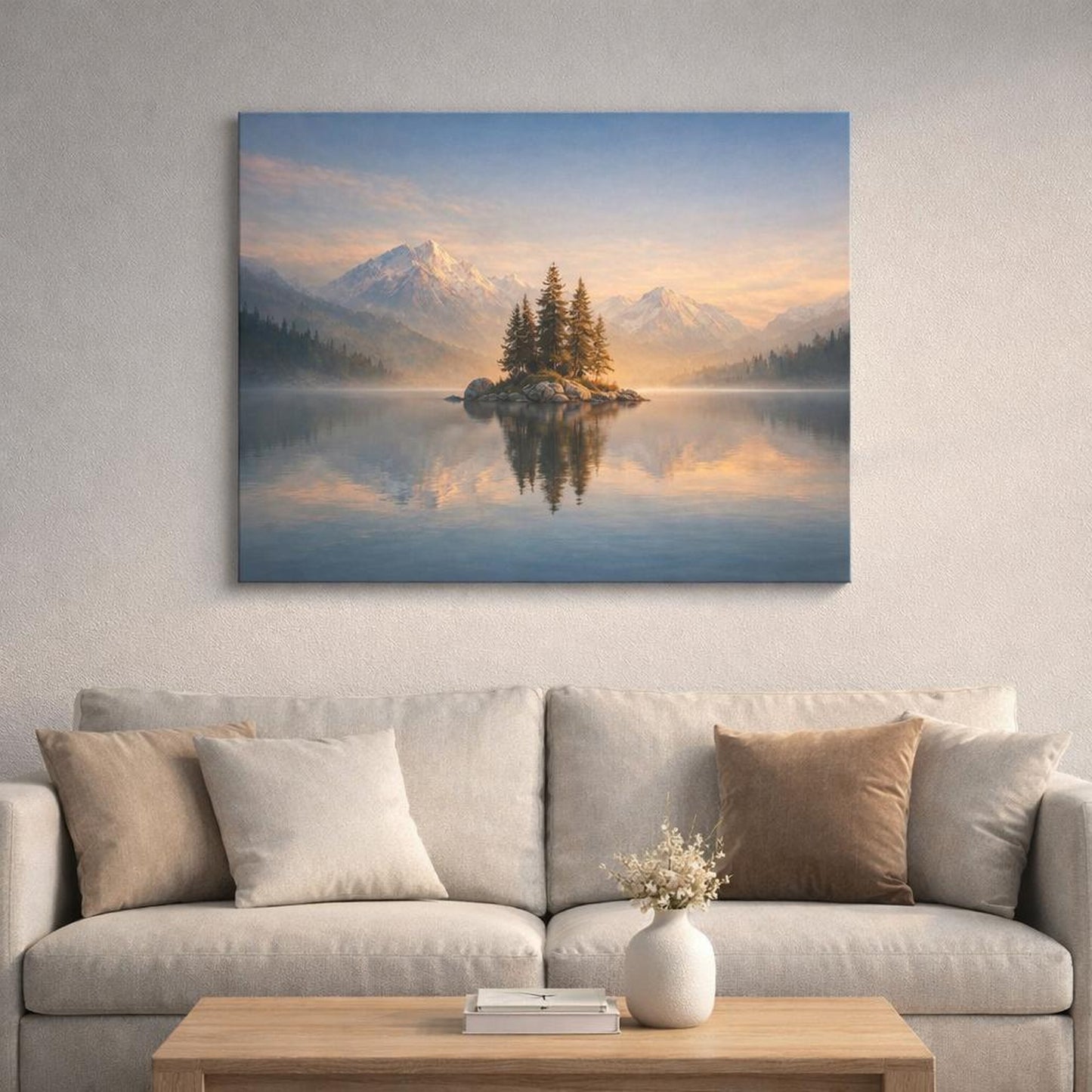 Contemporary Peaceful Lake shown as canvas wall art in a luxury executive office