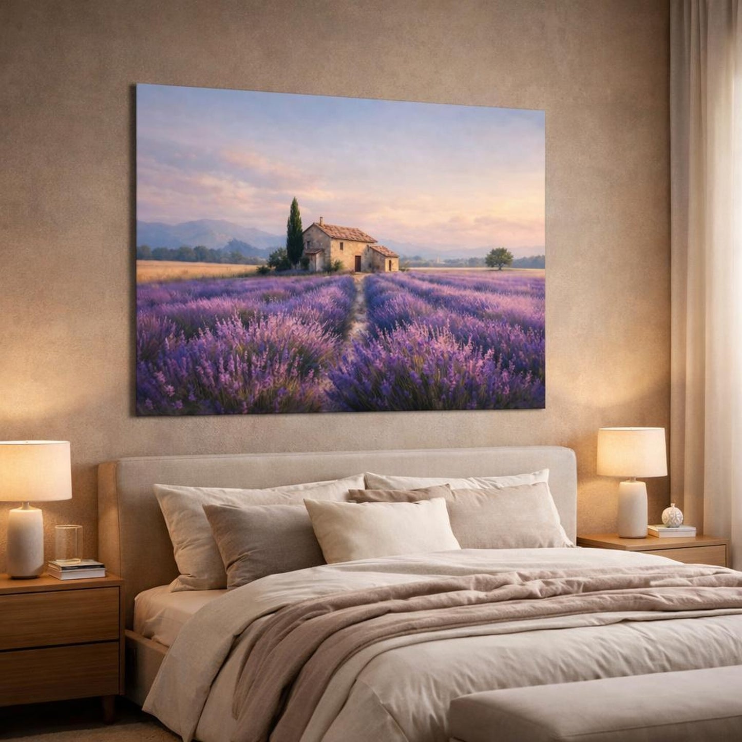 Contemporary Provence Lavender shown as canvas wall art in a luxury bedroom