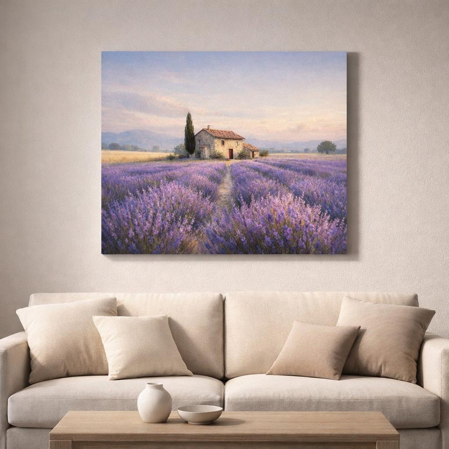 Contemporary Provence Lavender shown as canvas wall art in a refined dining room