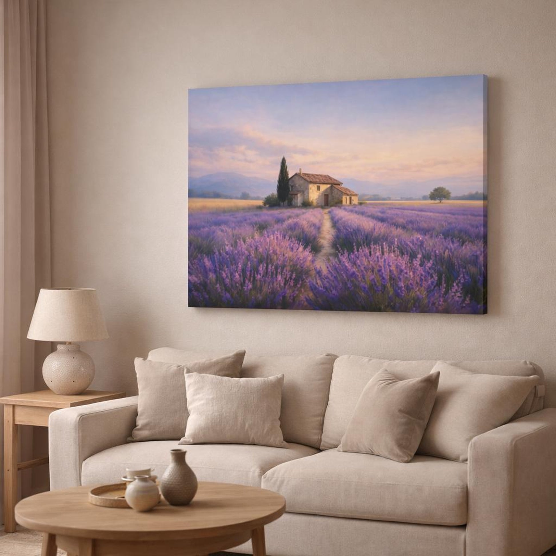 Contemporary Provence Lavender shown as canvas wall art in a modern living room