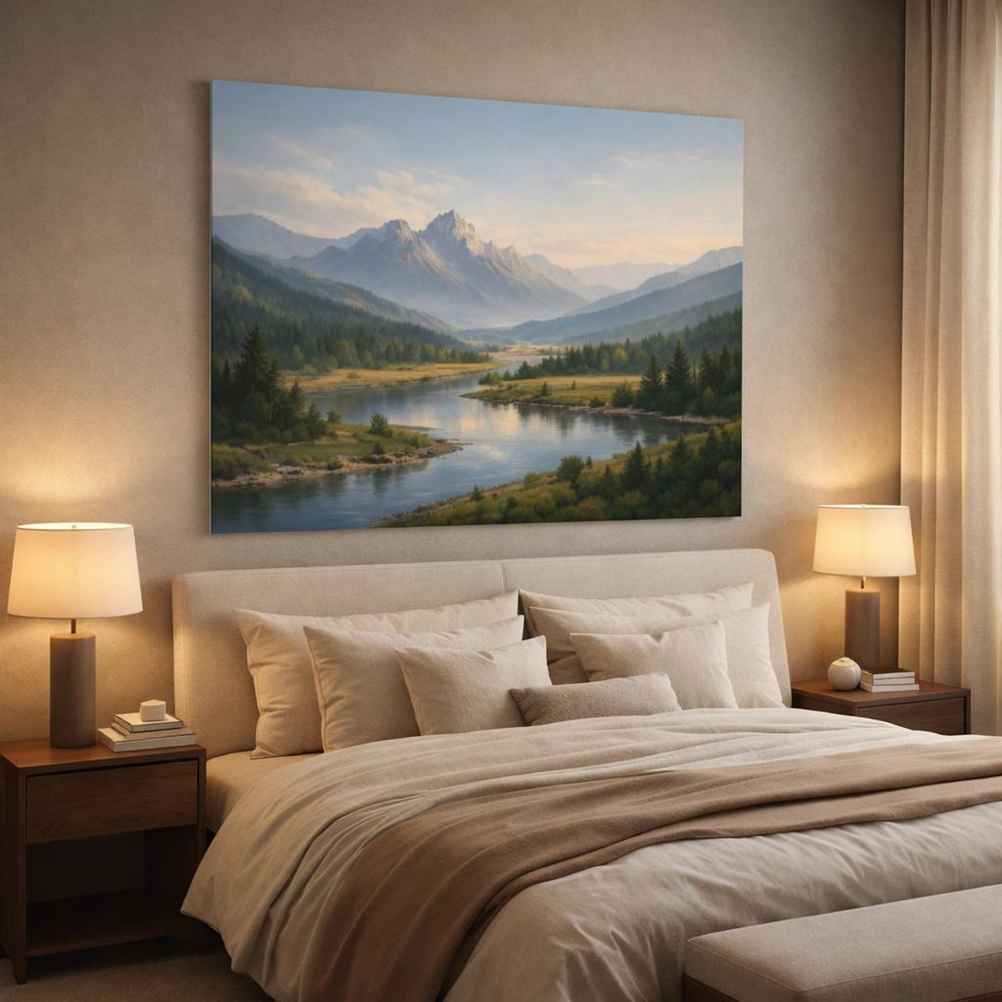 Contemporary River Valley shown as canvas wall art in a luxury bedroom