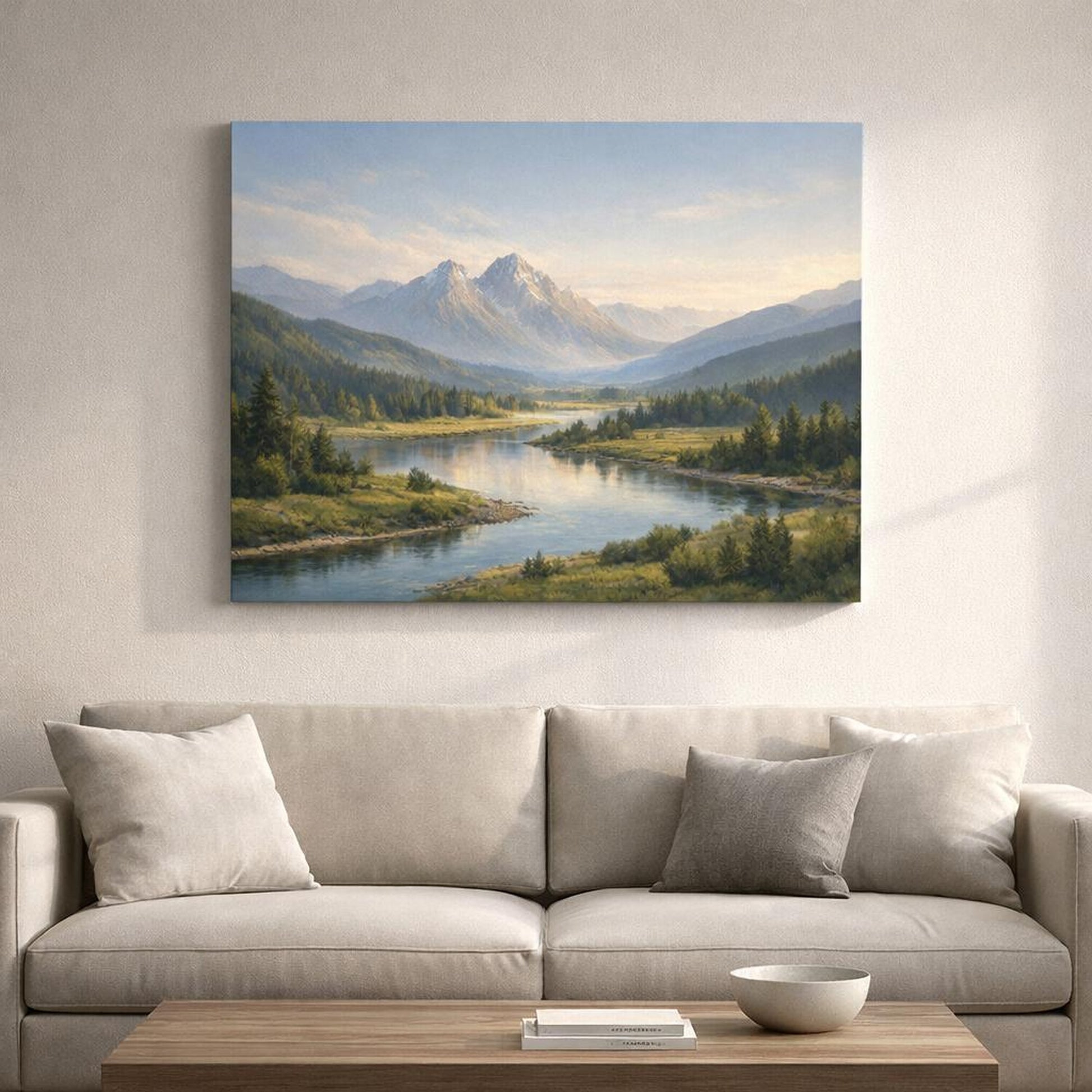 Contemporary River Valley shown as canvas wall art in a refined dining room