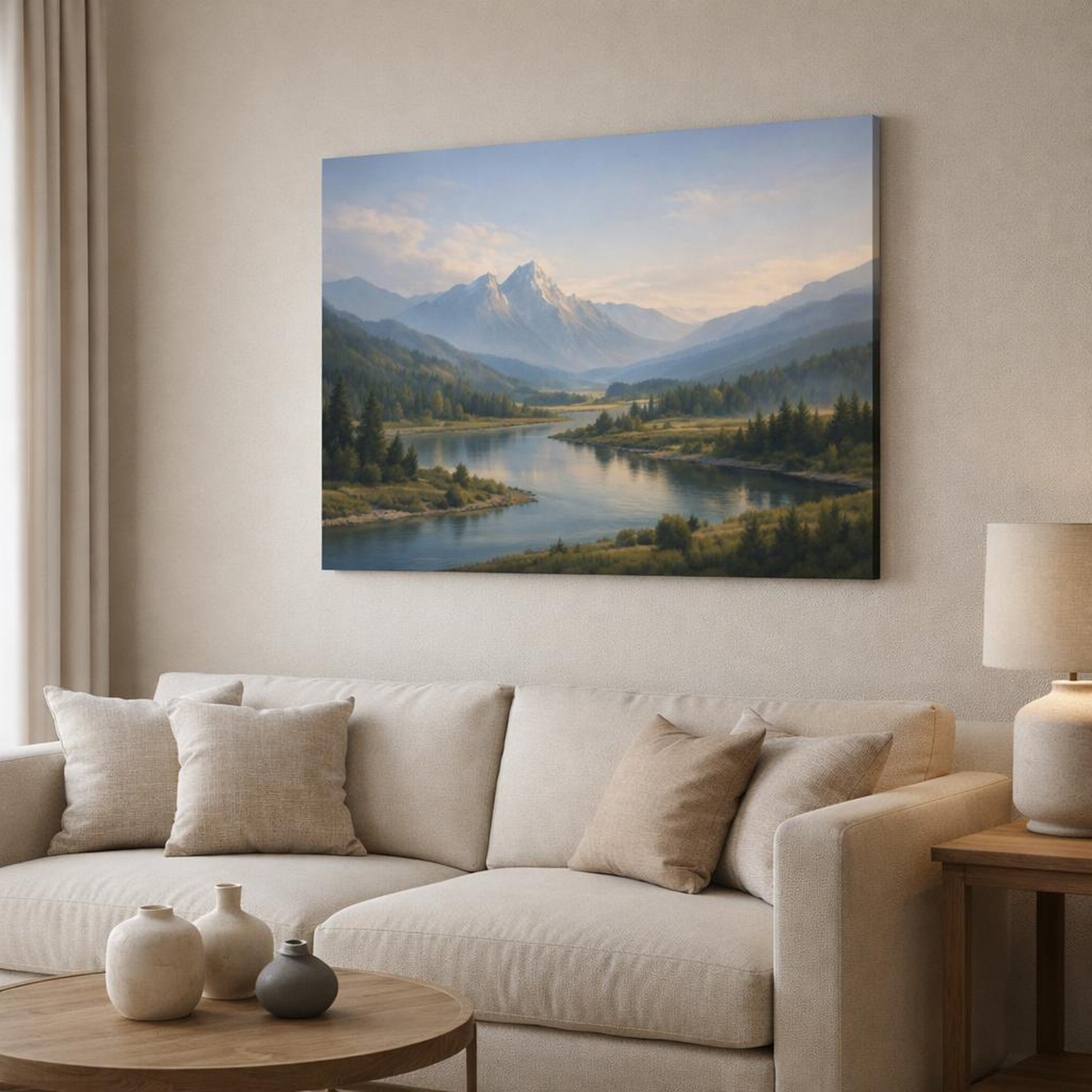 Contemporary River Valley shown as canvas wall art in a modern living room