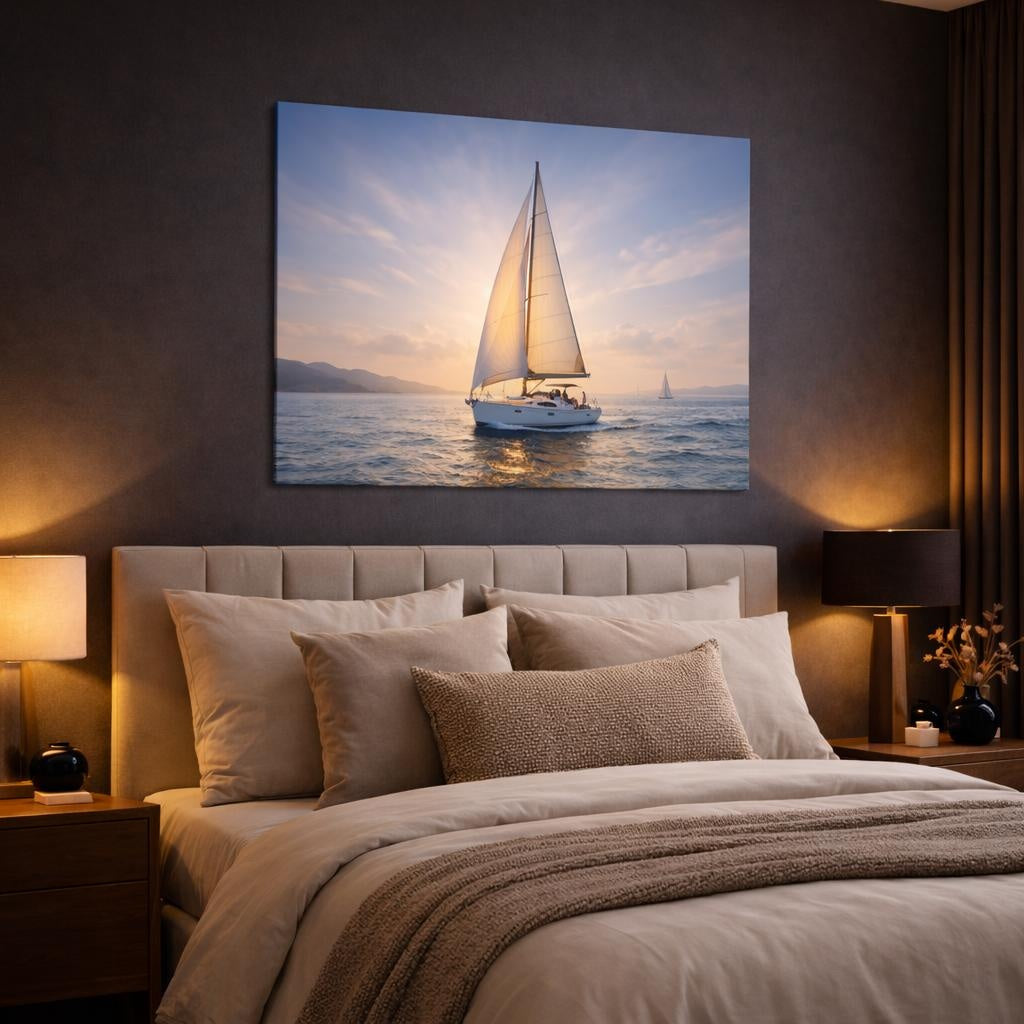 Contemporary Sailing shown as canvas wall art in a luxury bedroom