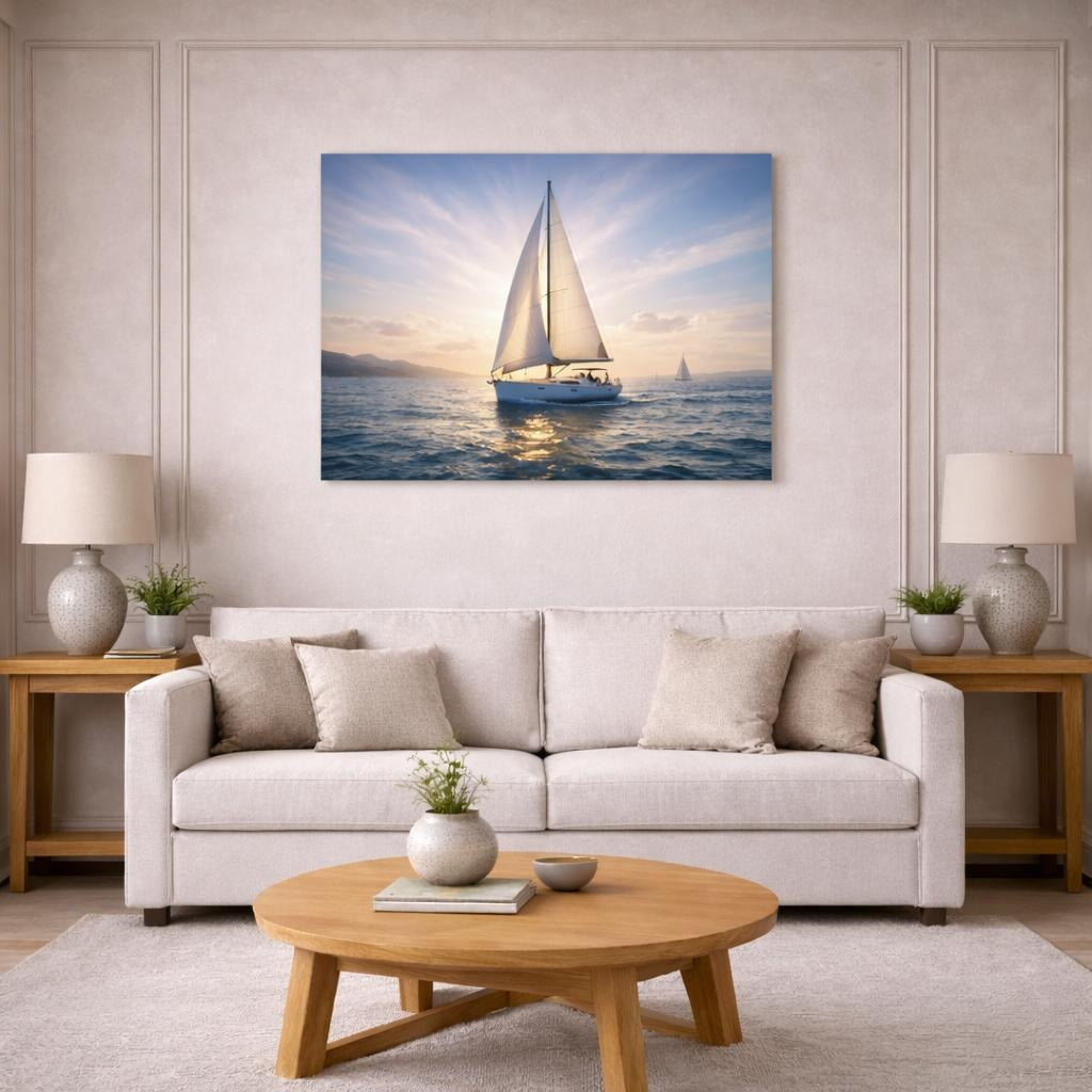 Contemporary Sailing shown as canvas wall art in a modern living room