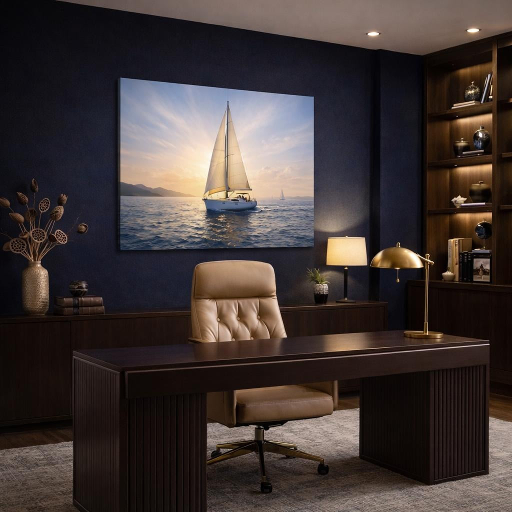 Contemporary Sailing shown as canvas wall art in a refined dining room