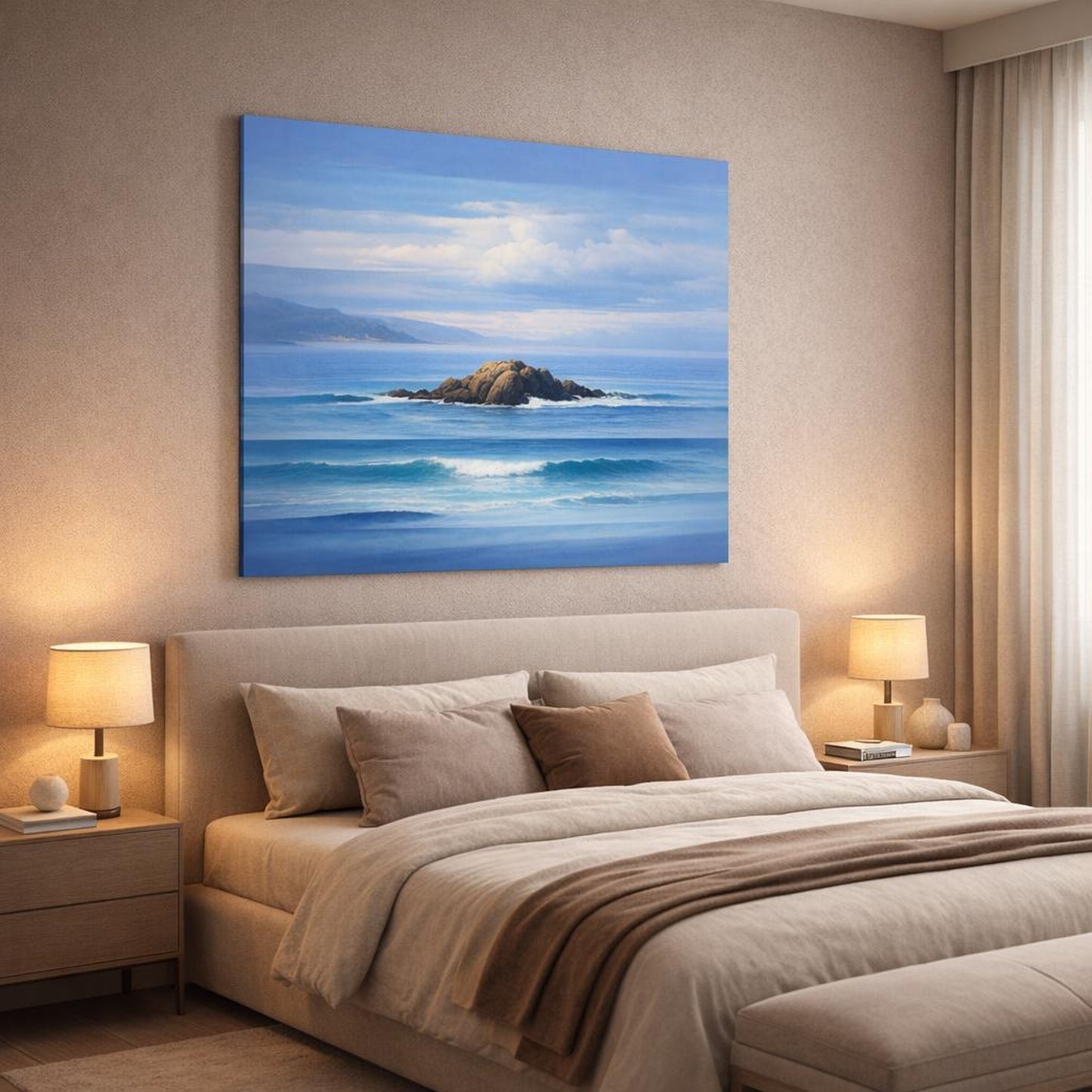 Contemporary Seascape Blue shown as canvas wall art in a luxury bedroom
