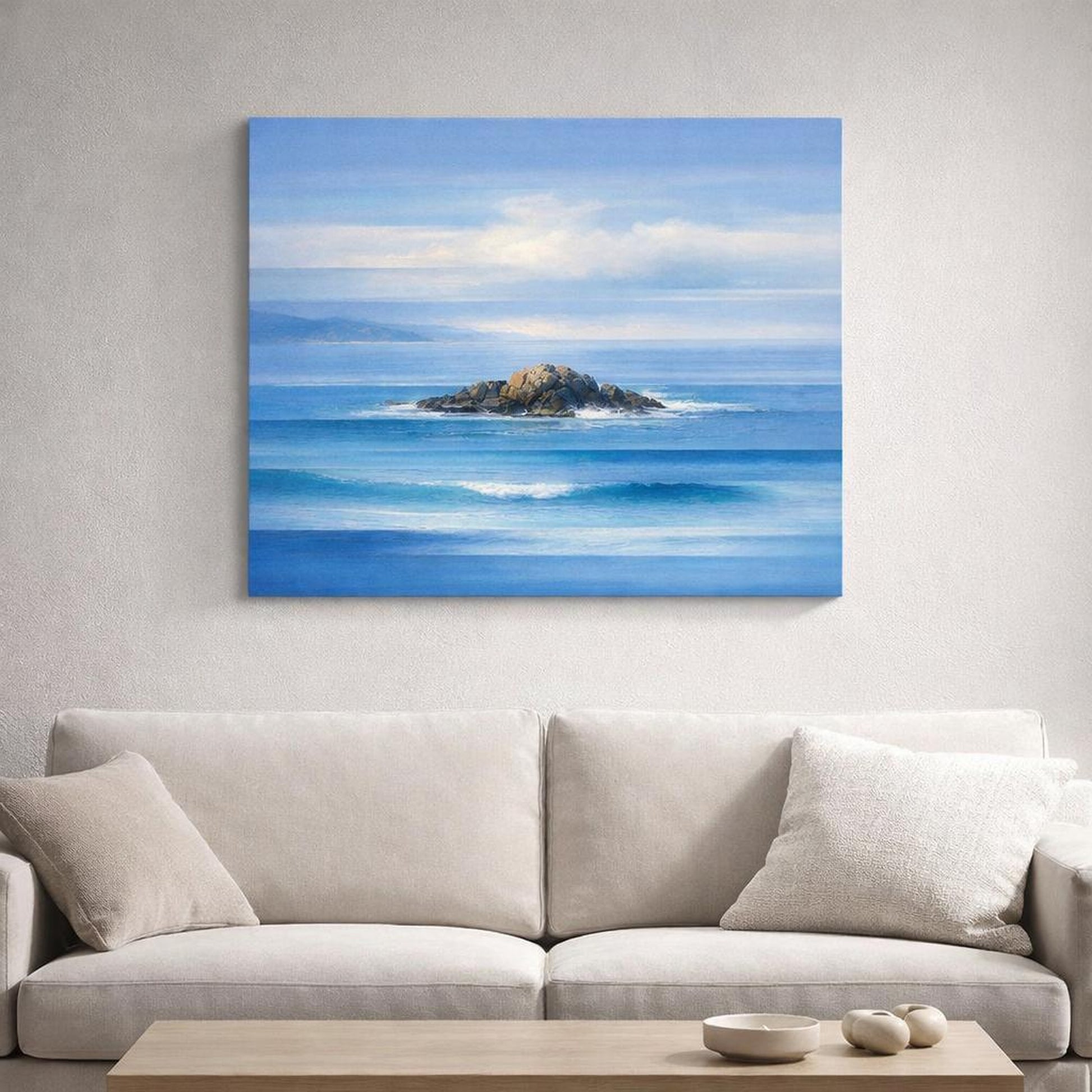 Contemporary Seascape Blue shown as canvas wall art in a refined dining room