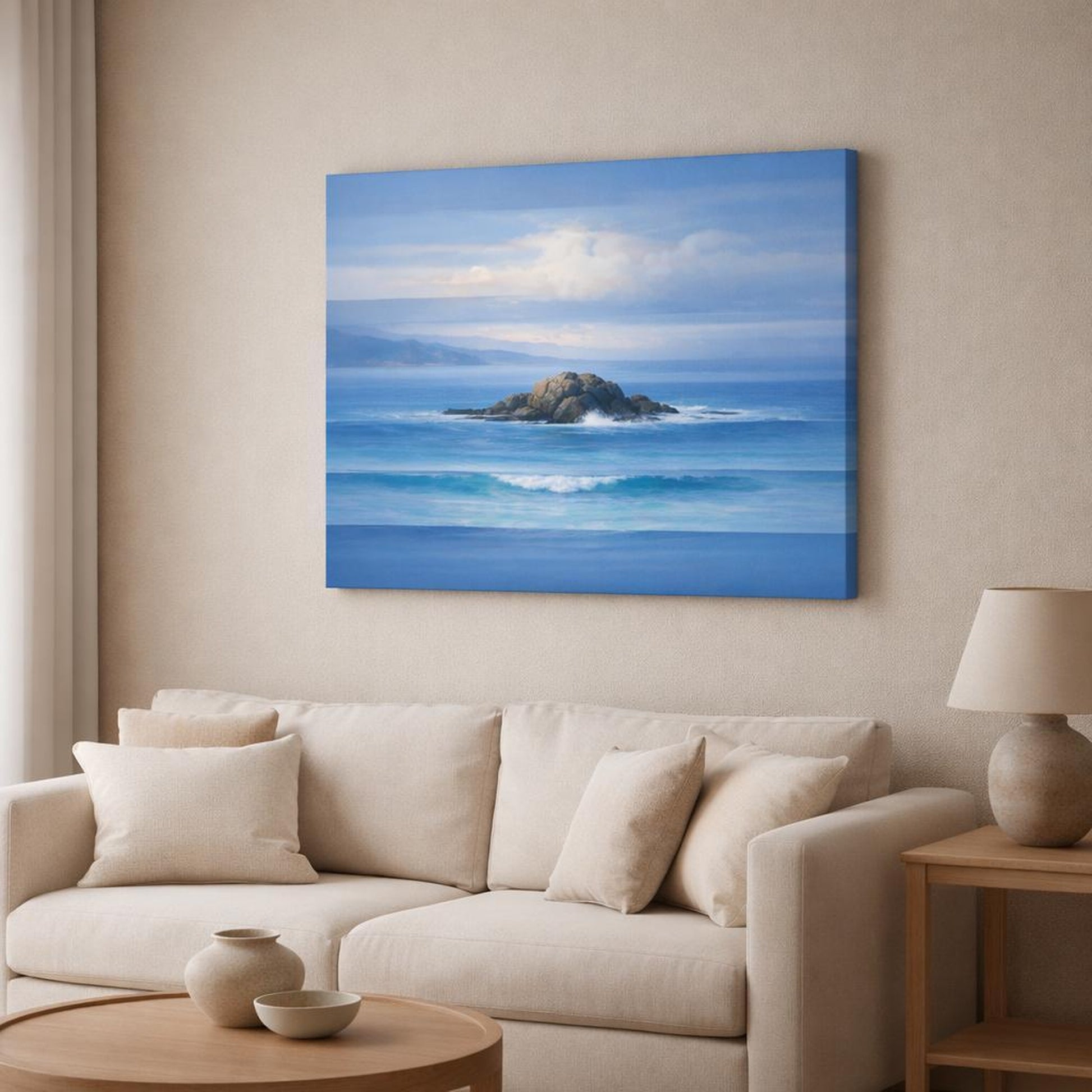 Contemporary Seascape Blue shown as canvas wall art in a modern living room