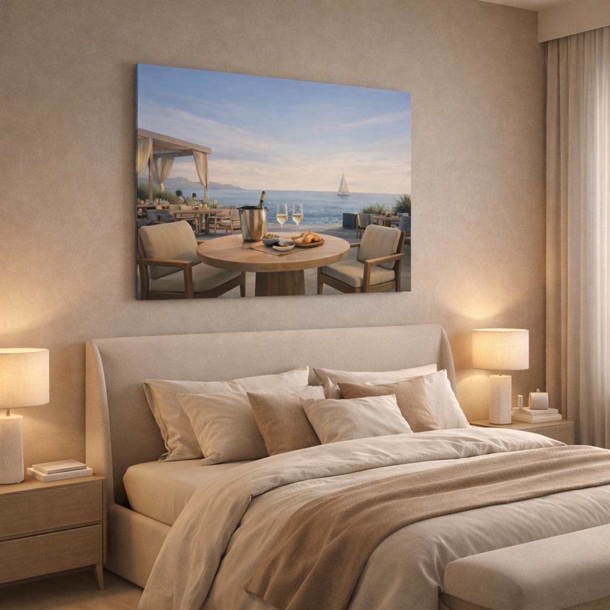 Contemporary Seaside Bistro Terrace shown as canvas wall art in a luxury bedroom