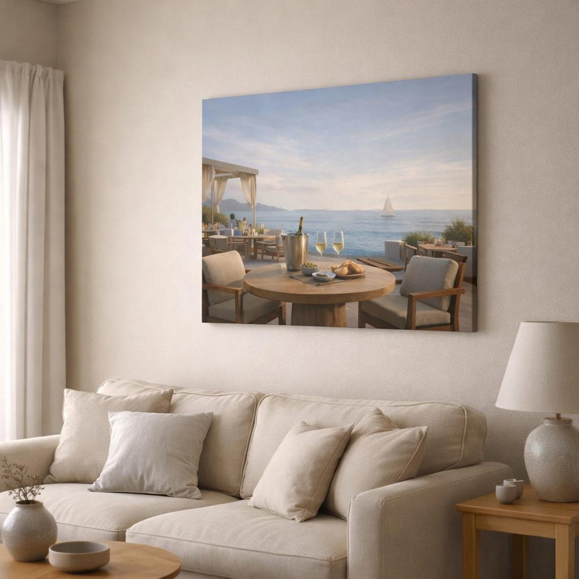 Contemporary Seaside Bistro Terrace shown as canvas wall art in a modern living room