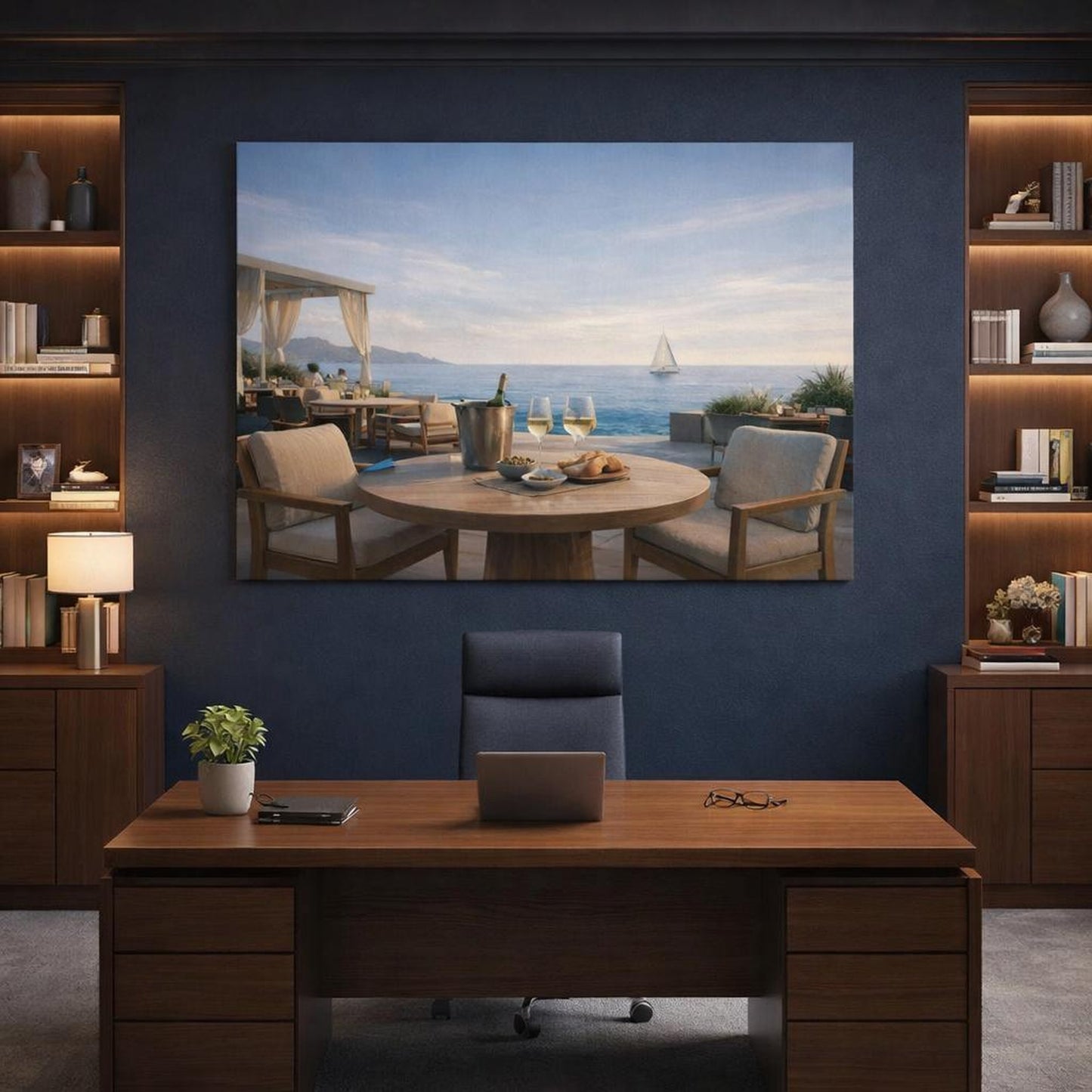 Contemporary Seaside Bistro Terrace shown as canvas wall art in a luxury executive office
