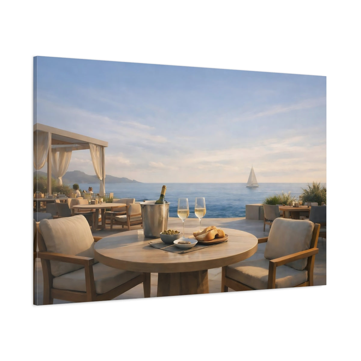 Contemporary Seaside Bistro Terrace shown as stretched canvas wall art