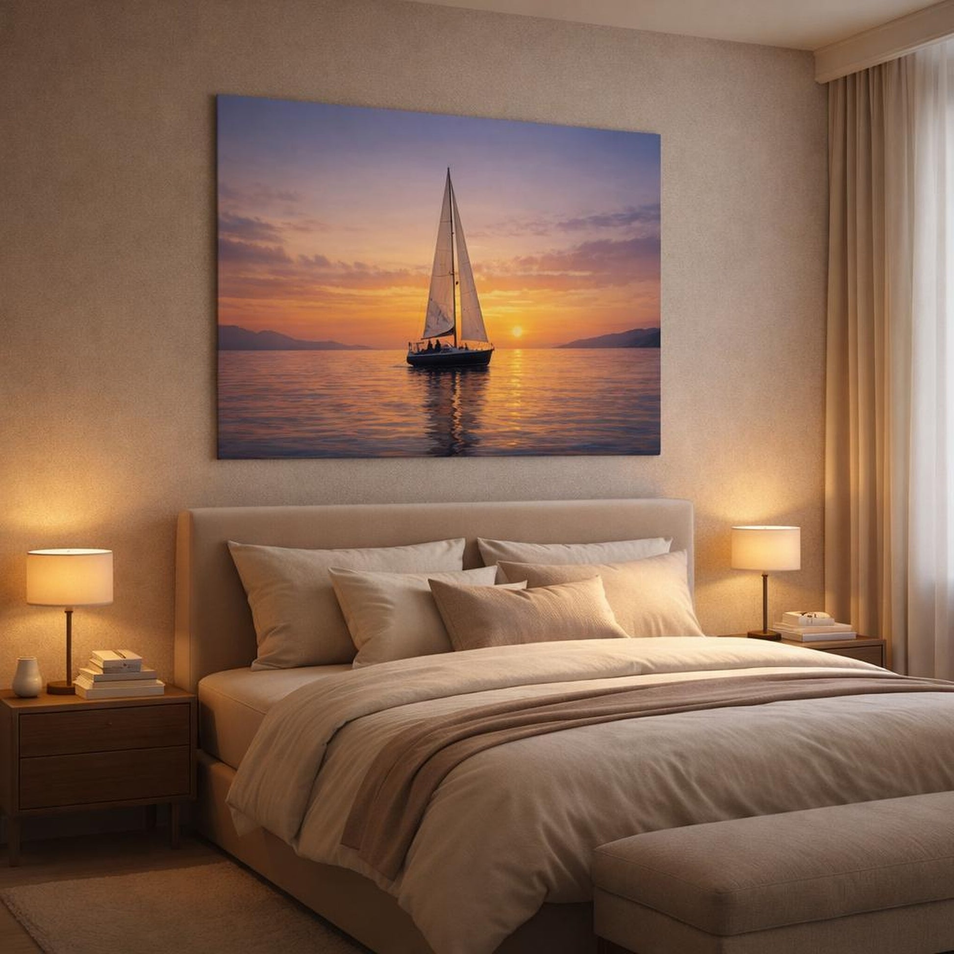 Contemporary Sunset Boat shown as canvas wall art in a luxury bedroom