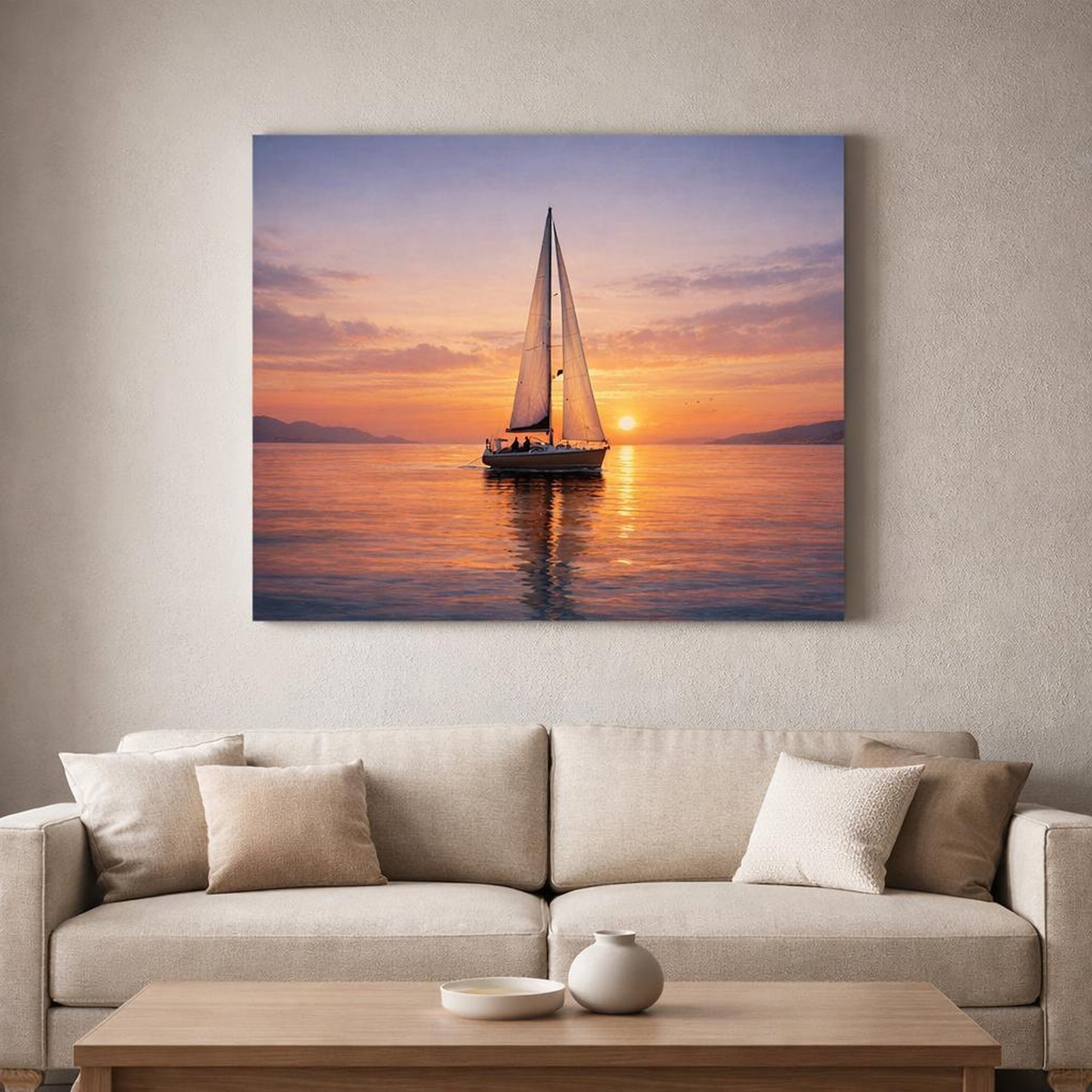 Contemporary Sunset Boat shown as canvas wall art in a refined dining room
