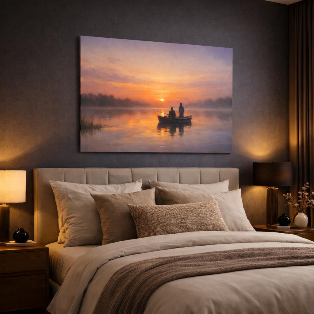 Contemporary Sunset Fishing shown as canvas wall art in a luxury bedroom