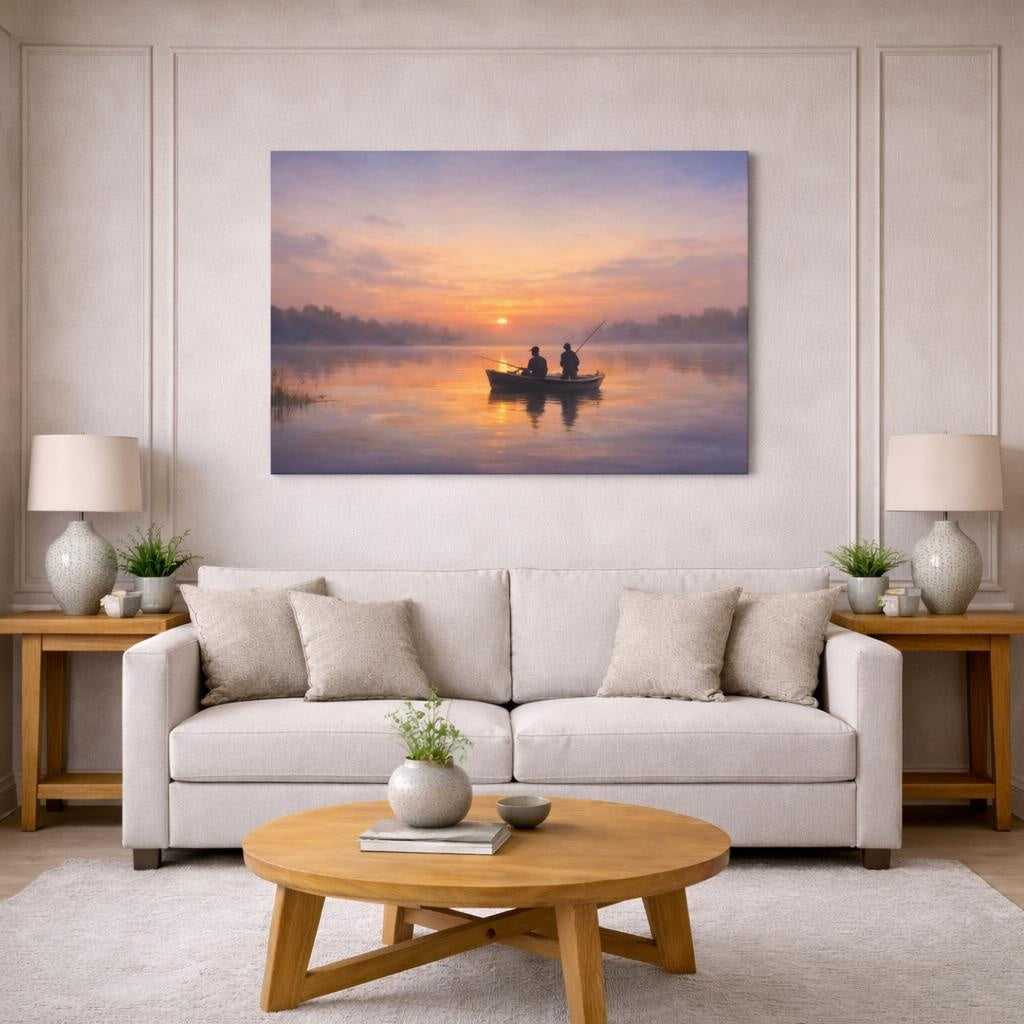 Contemporary Sunset Fishing shown as canvas wall art in a modern living room