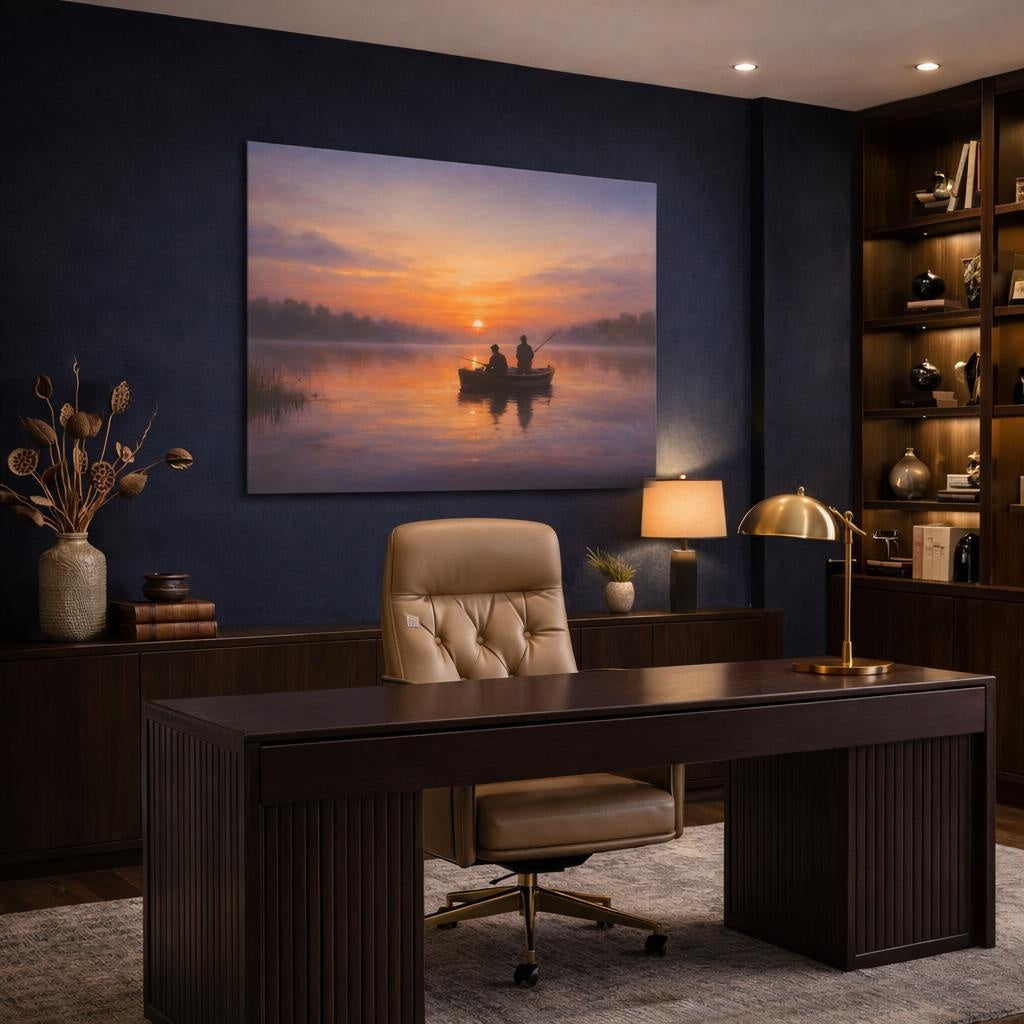 Contemporary Sunset Fishing shown as canvas wall art in a luxury executive office