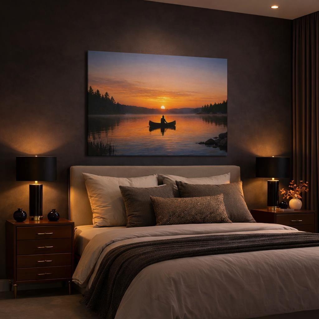 Contemporary Sunset Lake shown as canvas wall art in a luxury bedroom