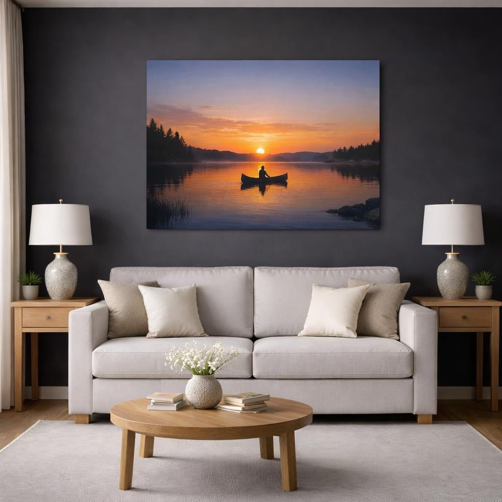 Contemporary Sunset Lake shown as canvas wall art in a modern living room