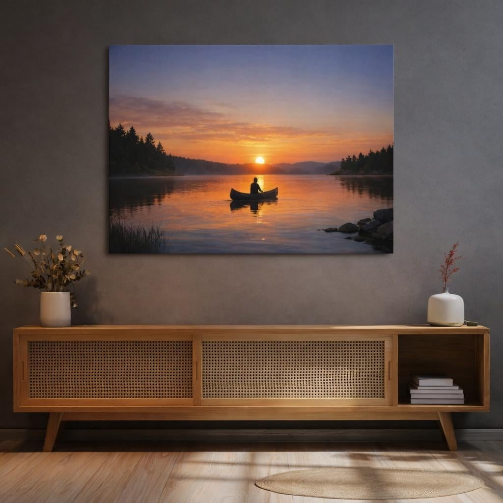 Contemporary Sunset Lake shown as canvas wall art in a refined dining room