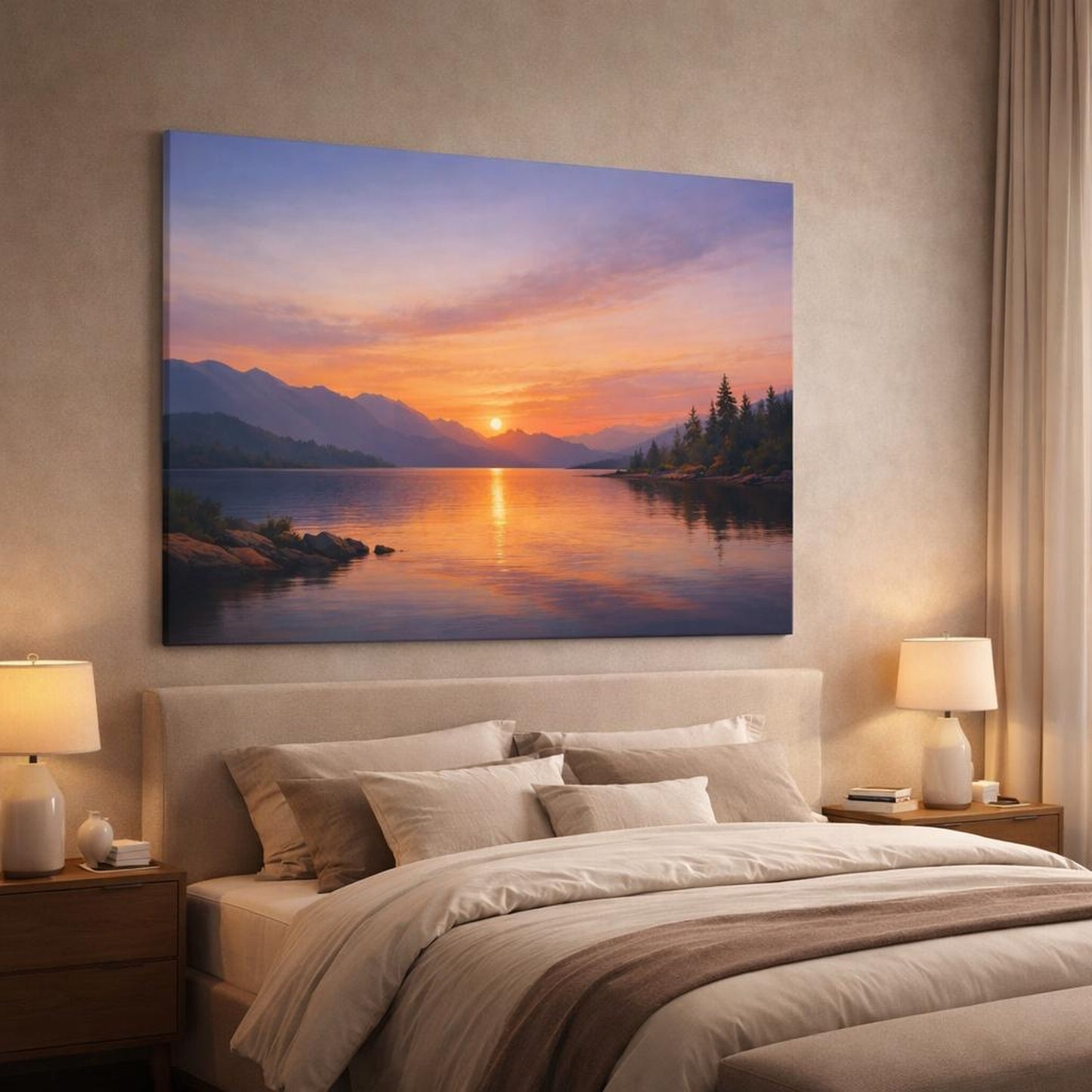 Contemporary Sunset Reflection shown as canvas wall art in a luxury bedroom
