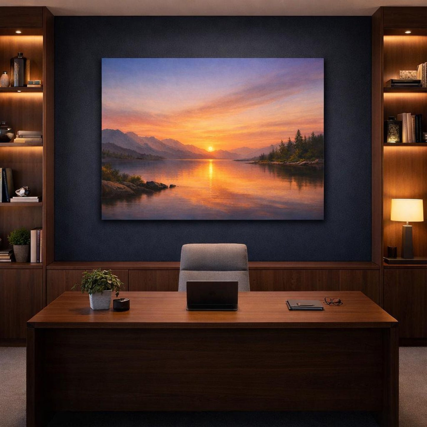 Contemporary Sunset Reflection shown as canvas wall art in a refined dining room