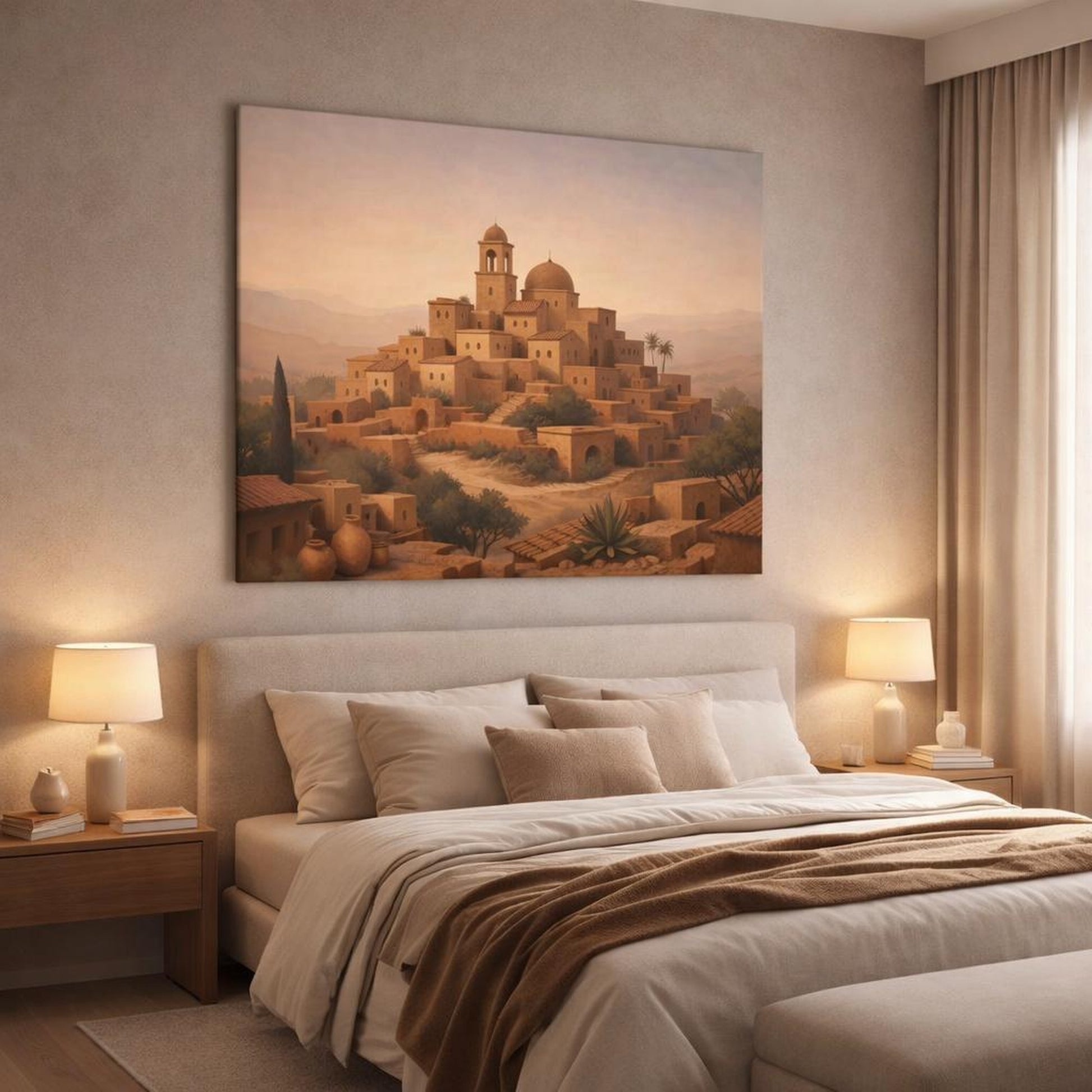 Contemporary Terracotta Village shown as canvas wall art in a luxury bedroom
