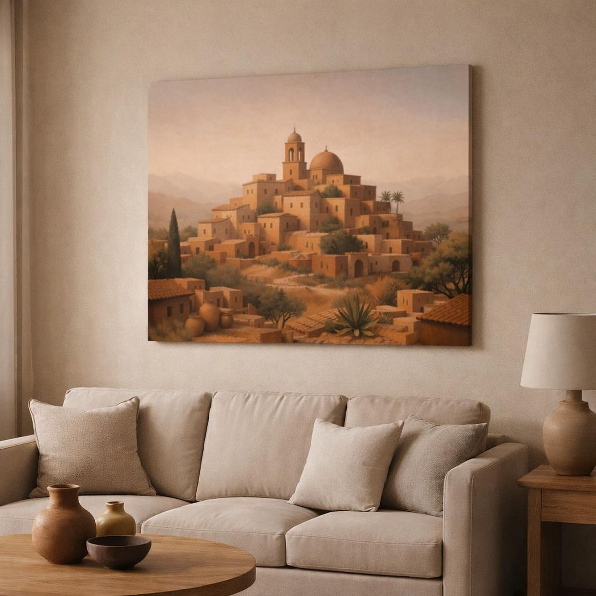 Contemporary Terracotta Village shown as canvas wall art in a modern living room