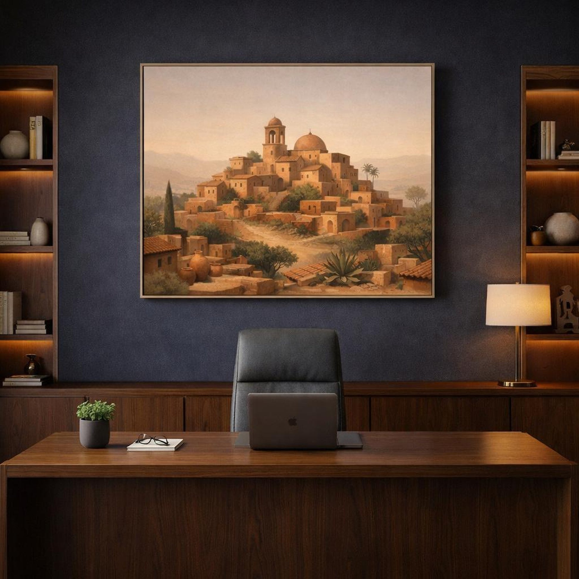 Contemporary Terracotta Village shown as canvas wall art in a refined dining room