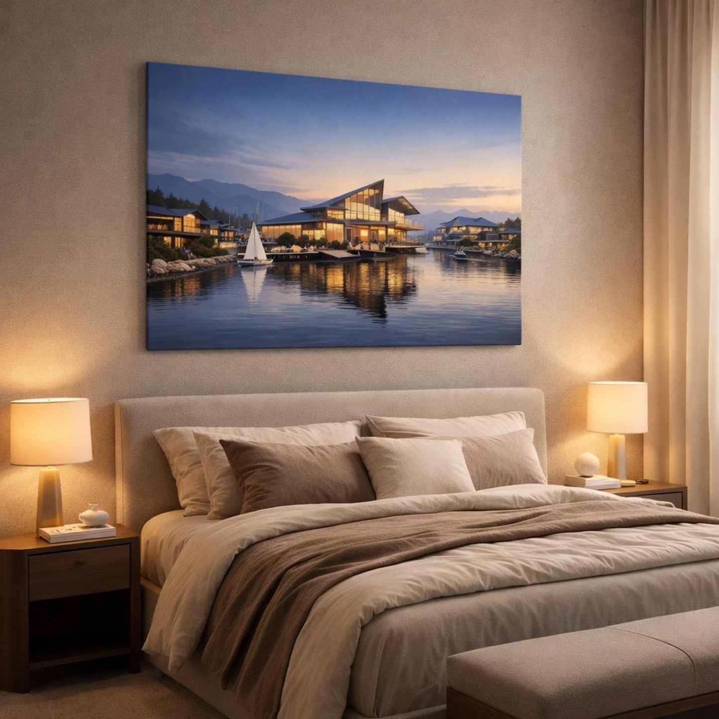 Contemporary Waterfront Village shown as canvas wall art in a luxury bedroom