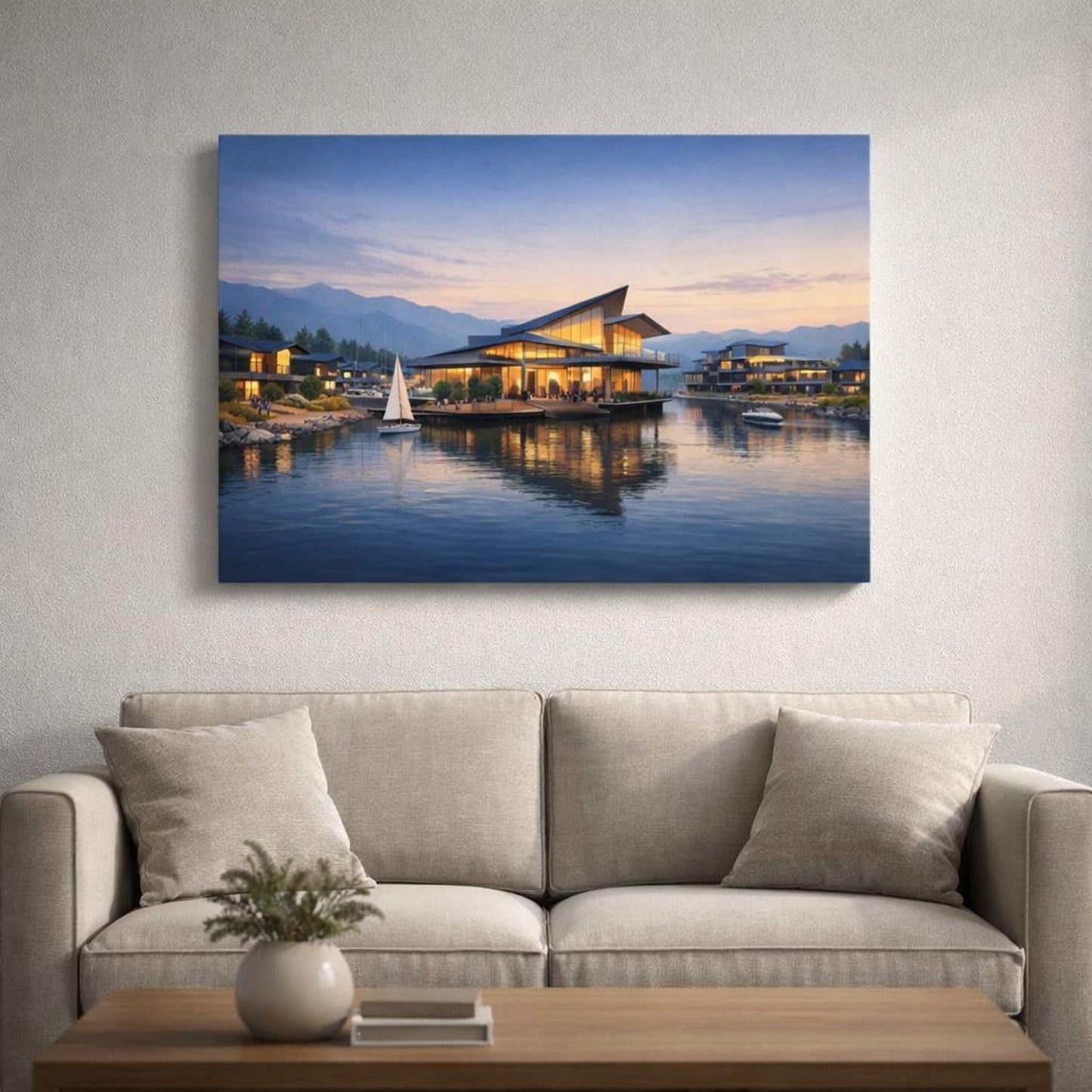 Contemporary Waterfront Village shown as canvas wall art in a refined dining room