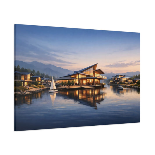 Contemporary Waterfront Village shown as stretched canvas wall art