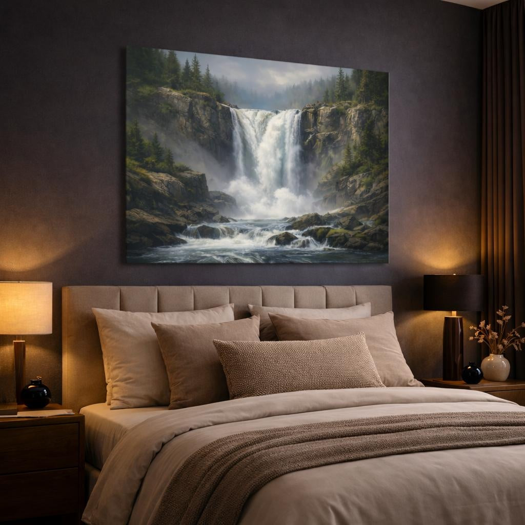 Contemporary Wild Waterfall shown as canvas wall art in a luxury bedroom