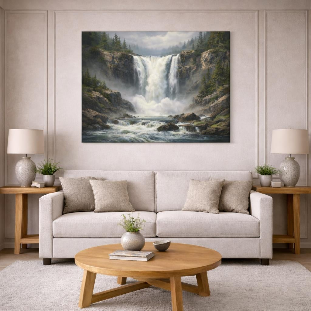 Contemporary Wild Waterfall shown as canvas wall art in a modern living room