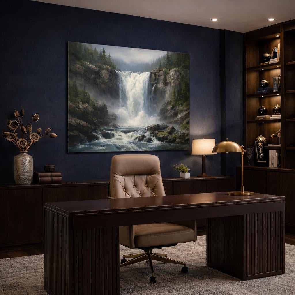 Contemporary Wild Waterfall shown as canvas wall art in a refined dining room