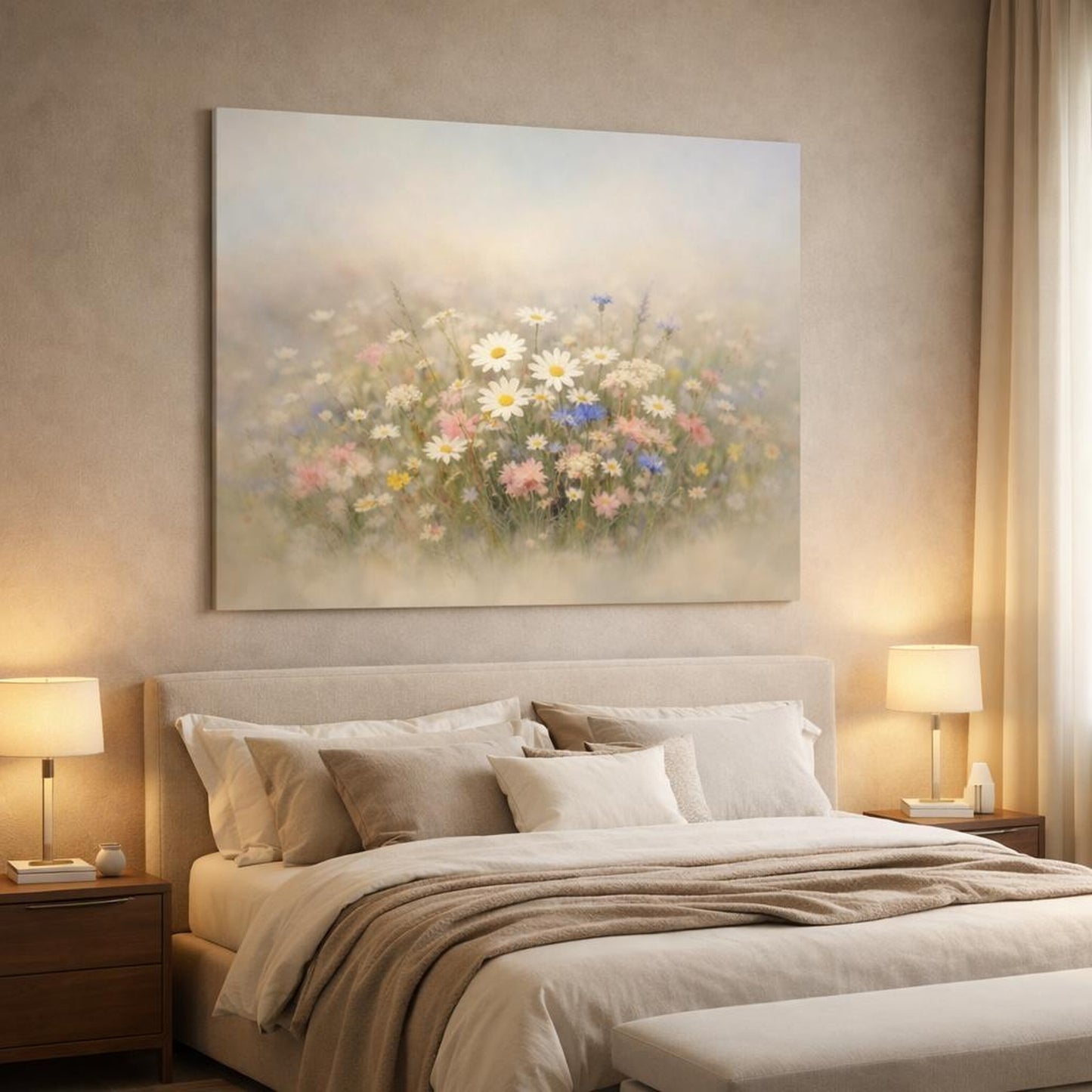 Contemporary Wildflowers shown as canvas wall art in a luxury bedroom