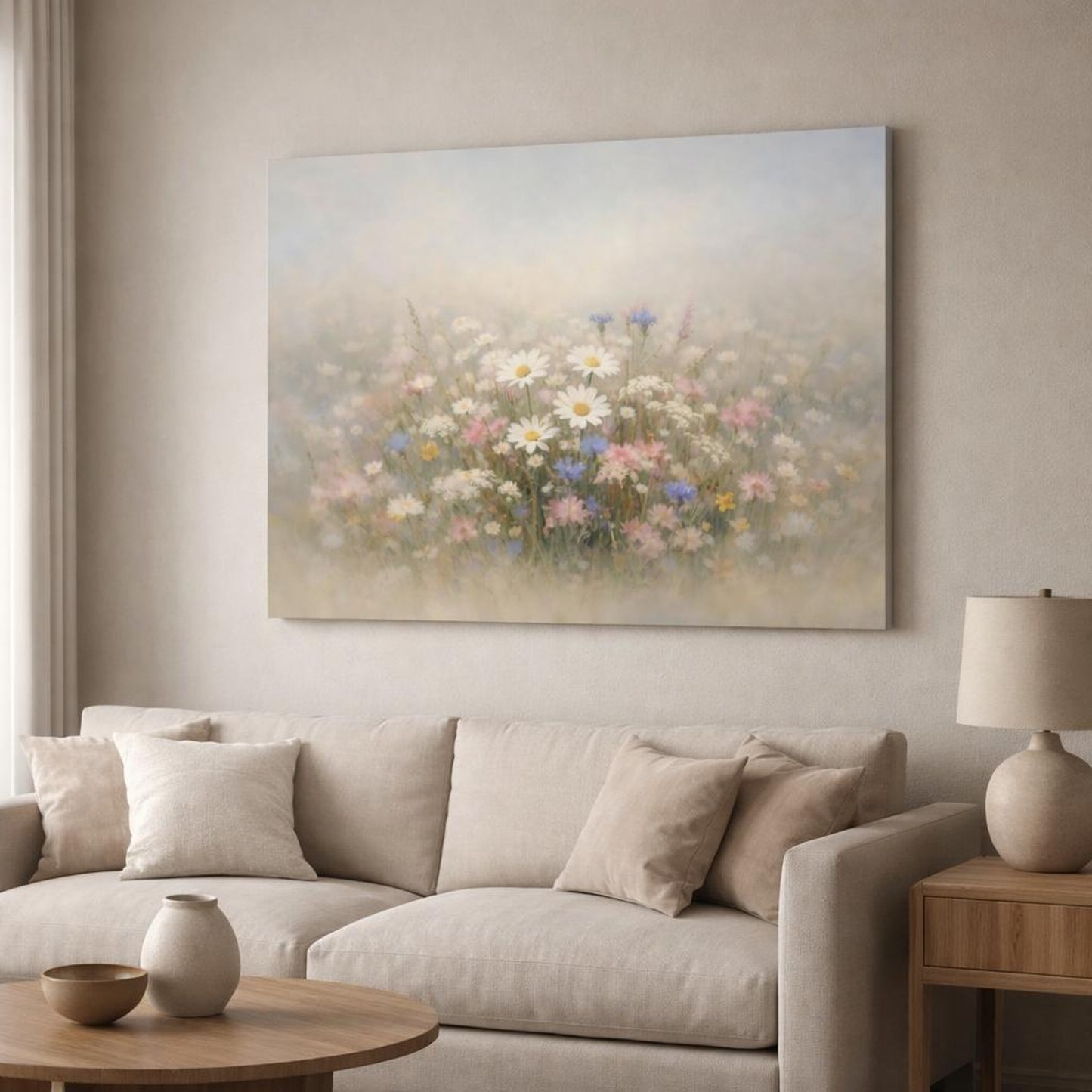 Contemporary Wildflowers shown as canvas wall art in a modern living room