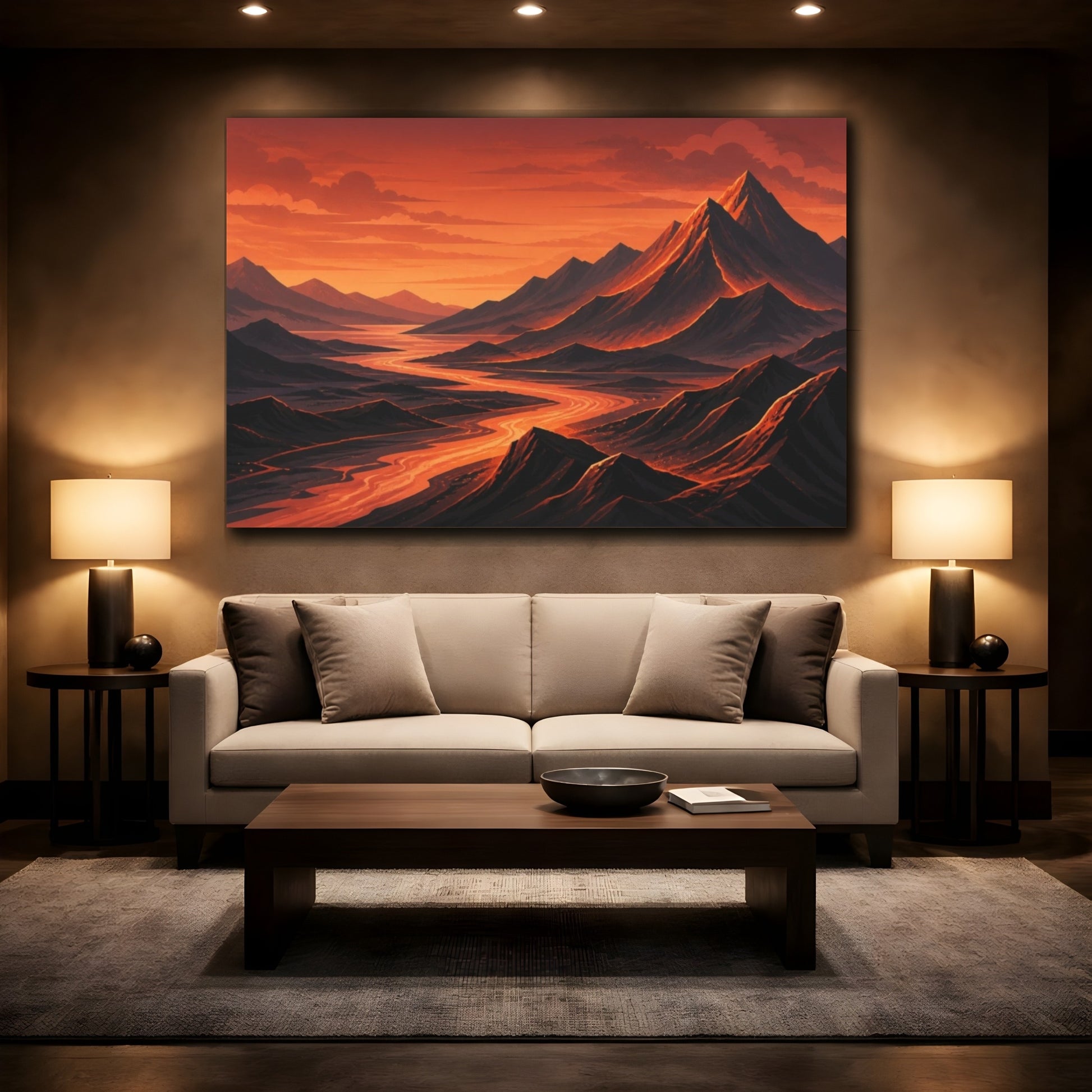 Mockup 2. Copper Twilight Mountain River shown as canvas print