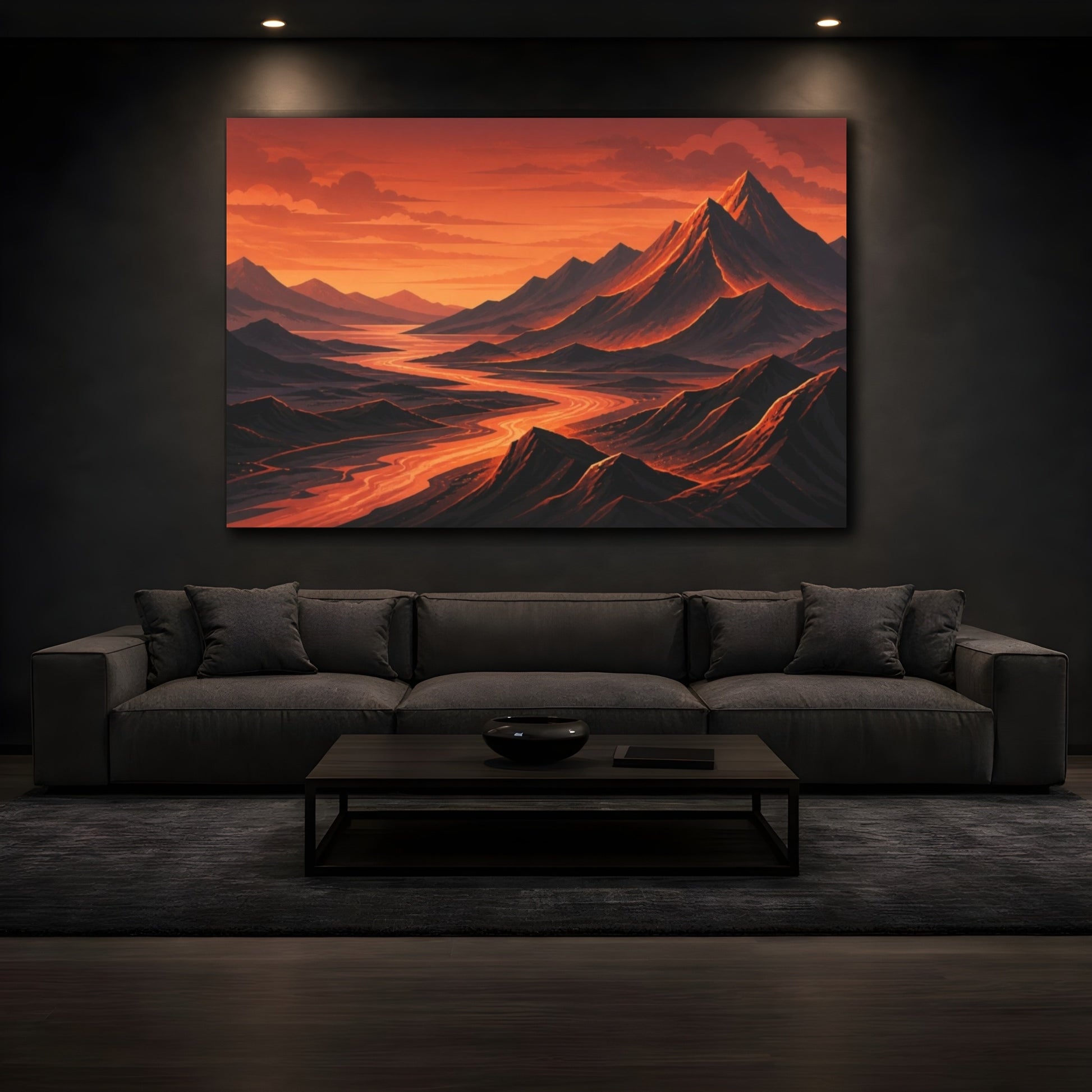 Mockup 3. Copper Twilight Mountain River shown as canvas print
