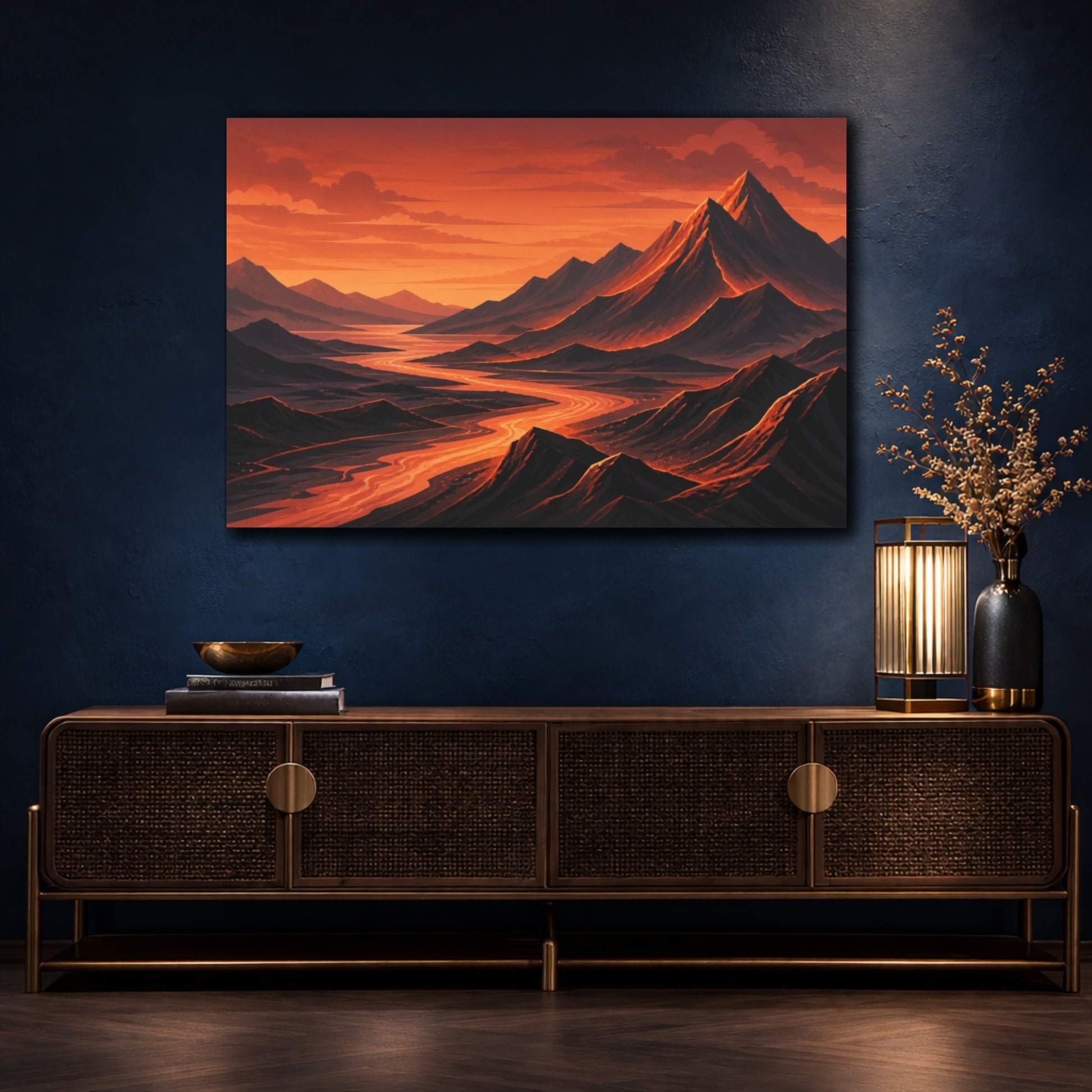 Mockup 4. Copper Twilight Mountain River shown as canvas print