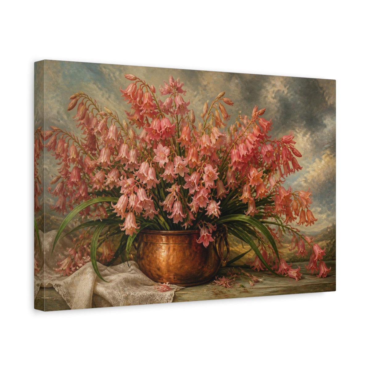 Side Mockup 4. Coral Bluebell Flowers In Copper Pot shown as canvas print